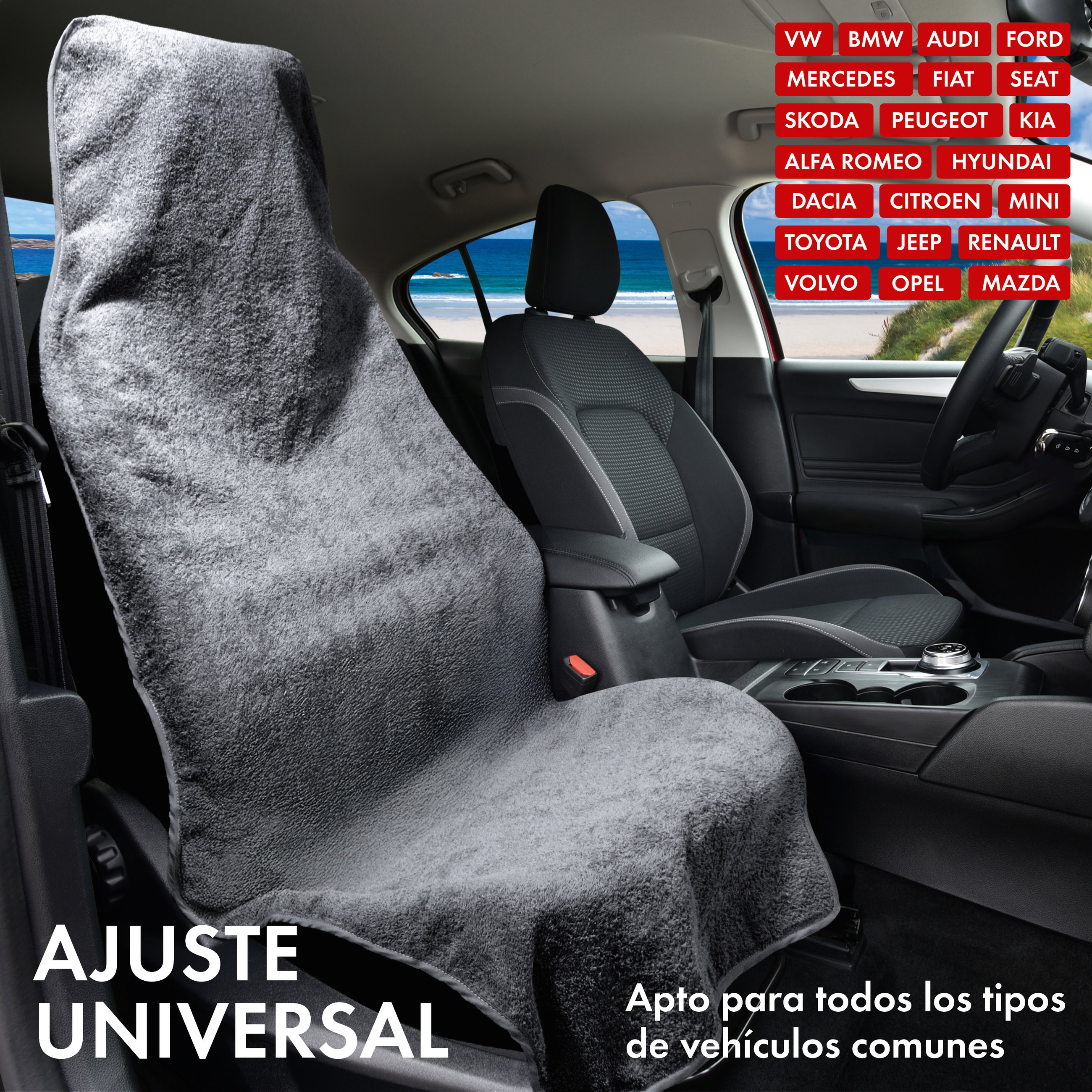 Coche cojín de asiento de Frottee, coche protector de asiento lavable gris, 1 pieza