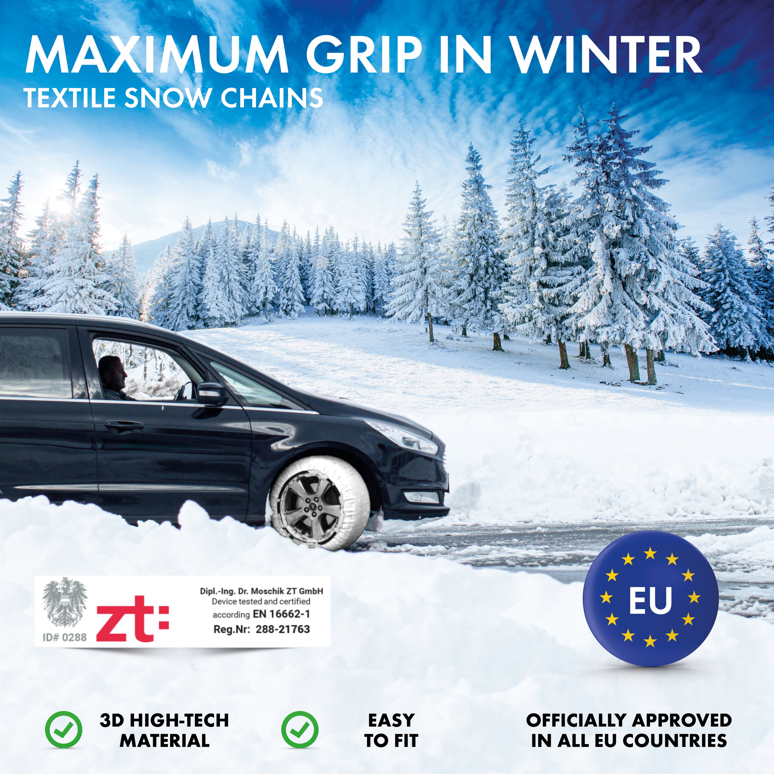 Textile Snow Chains Easygo XXL, Set of 2 Textile Snow Chains Homologated to EU Standard 16662-1, Car Snow Chains, Car Snow Socks Winter 2 Pieces Red