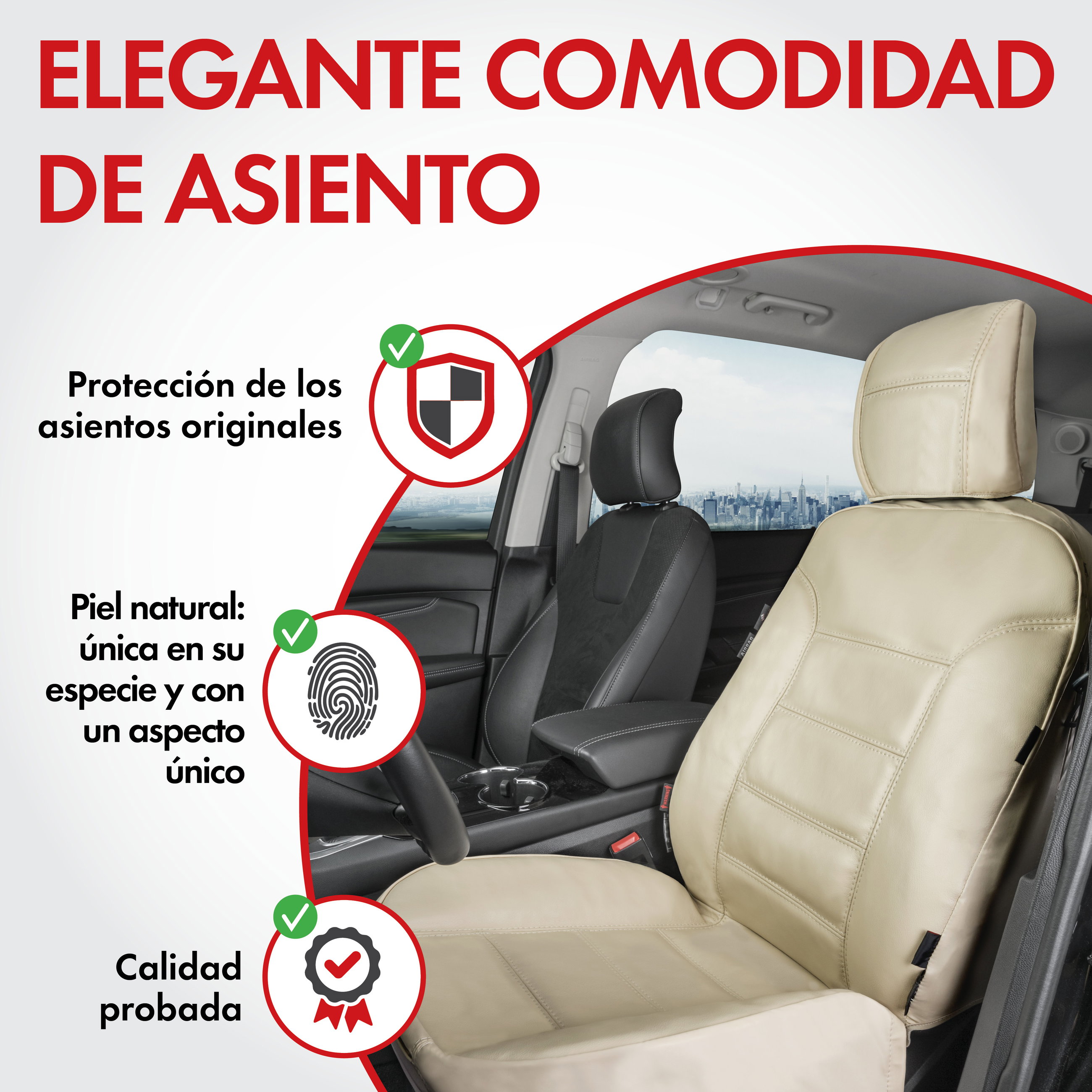 Funda de asiento Billy de cuero auténtico, funda protectora de coche cuero auténtico, funda de asiento delantero ZIPP-IT beige, 1 pieza