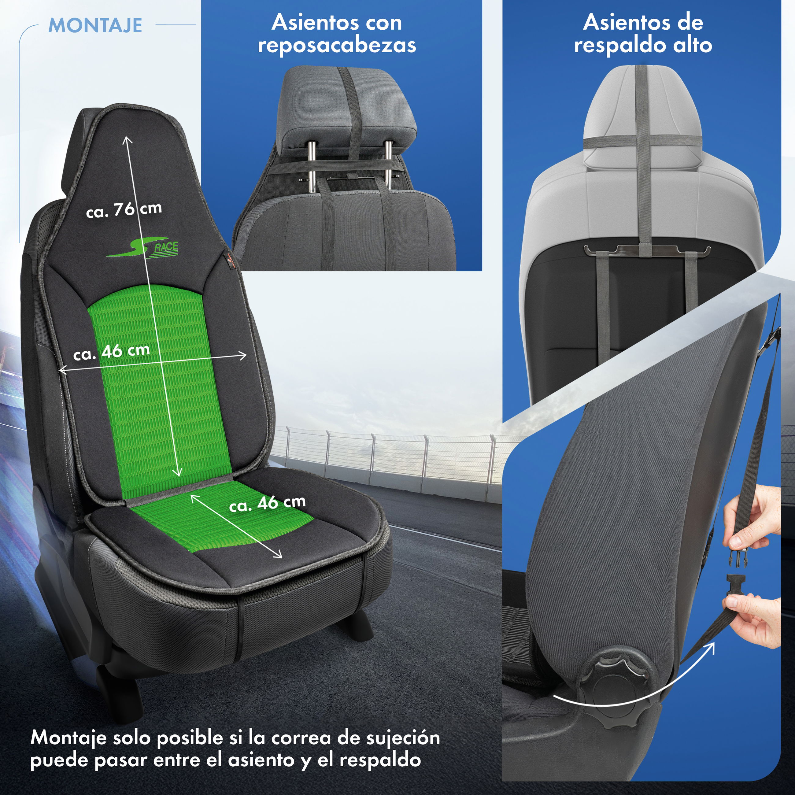 Cojín de asiento S-Race, coche protector de asiento para Highback-/asientos tipo piloto, coche protector de asiento asientos delanteros verde, 1 pieza
