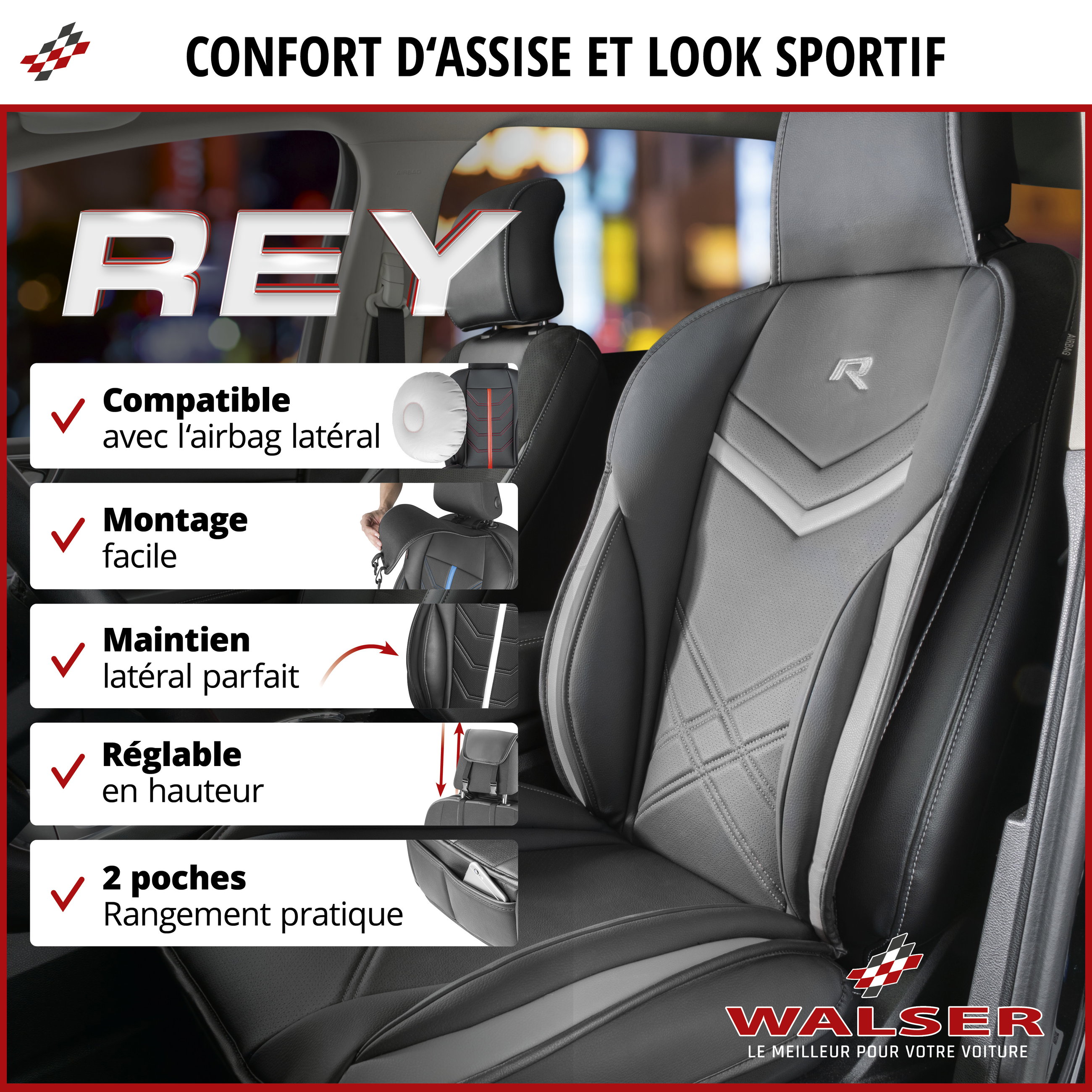 Couvre-siège auto Rey noir-gris, 1 pièce