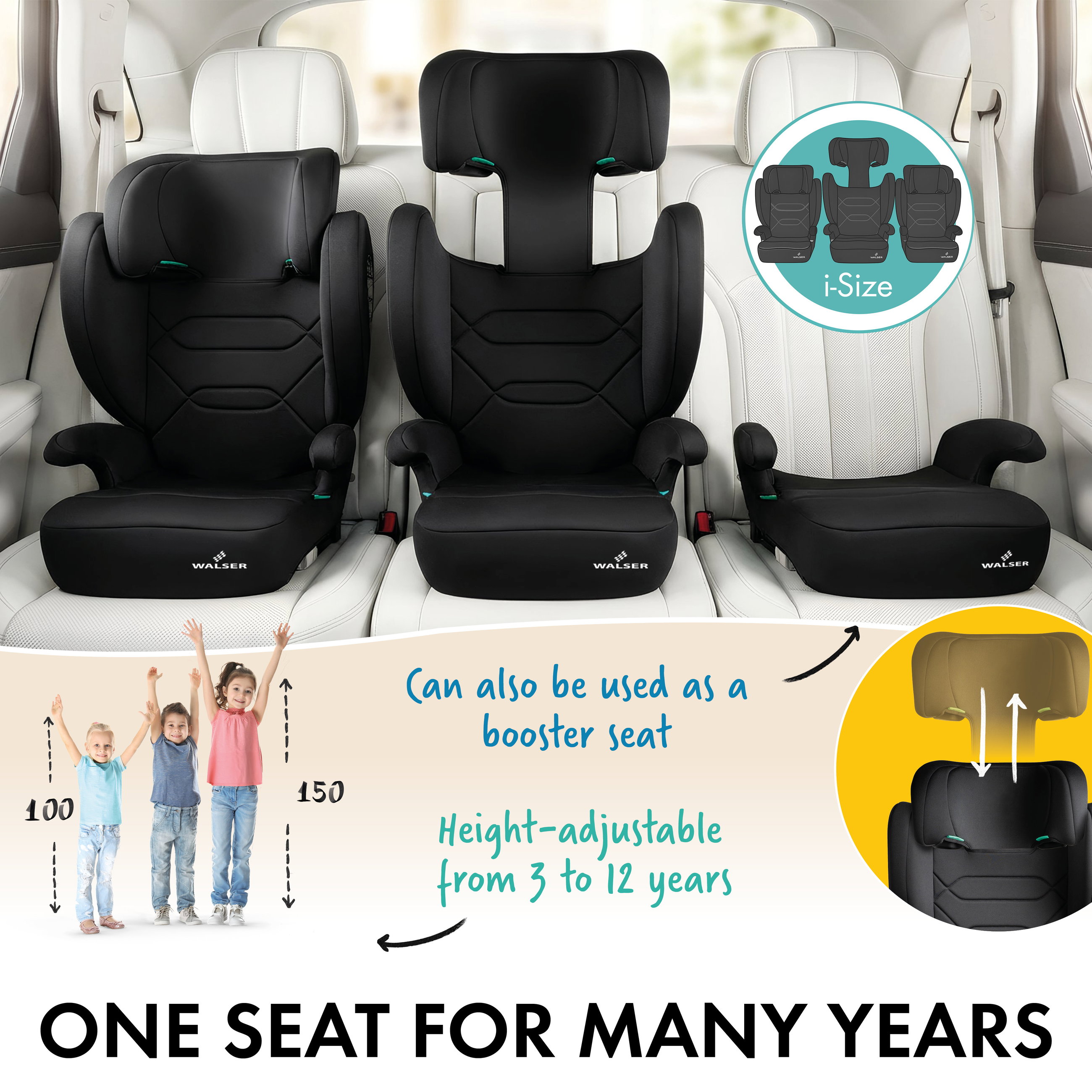 Numa car child seat with ISOFIX rails, comfortable child seat (3-8 years) 100-150 cm, 2in1 car child seat with removable backrest and adjustable headrest ECE R 129 certified black