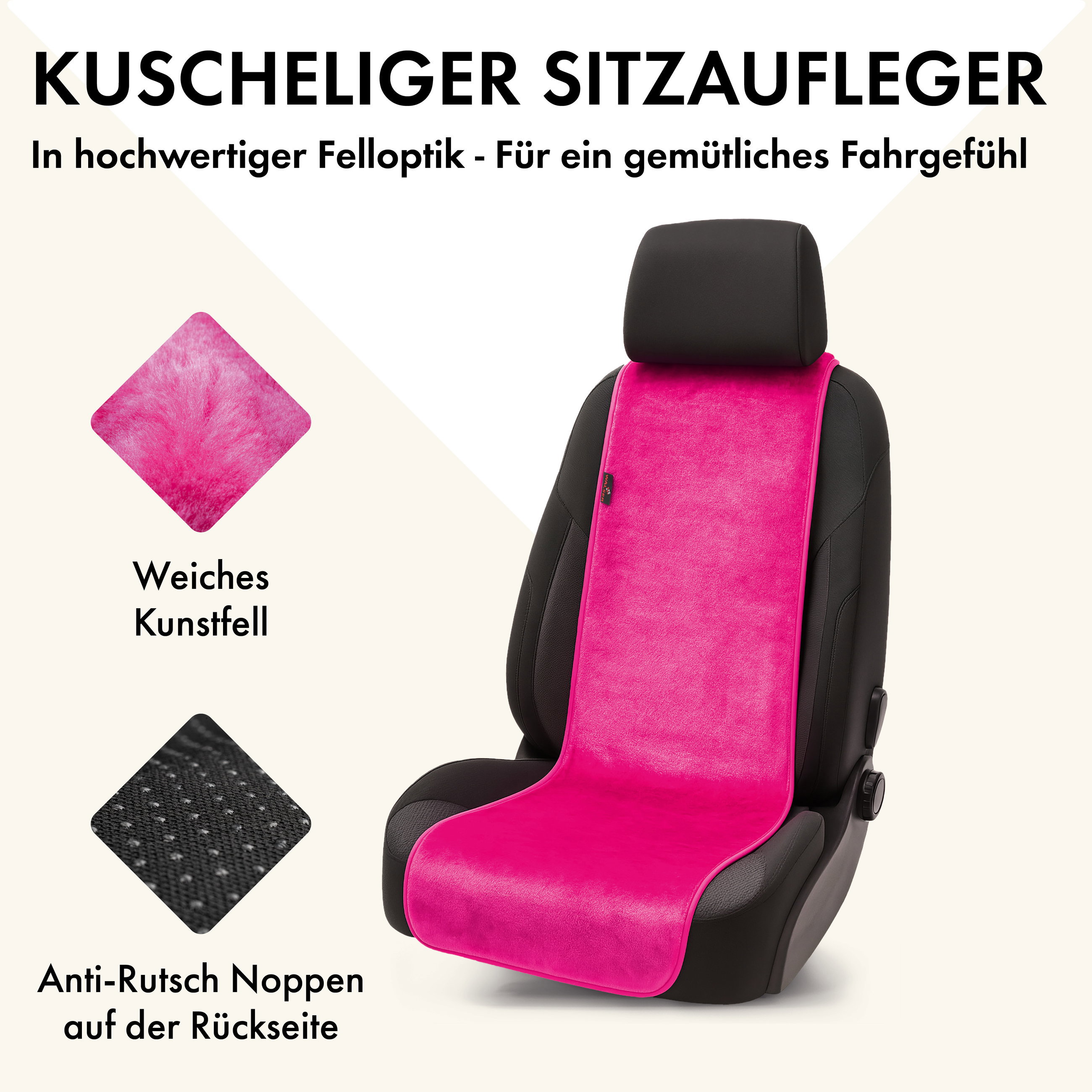 Auto Sitzauflage Teddy, Kunstfell PKW Sitzschoner für Einzelsitz, Kunstfellbezug pink, 1 Stück