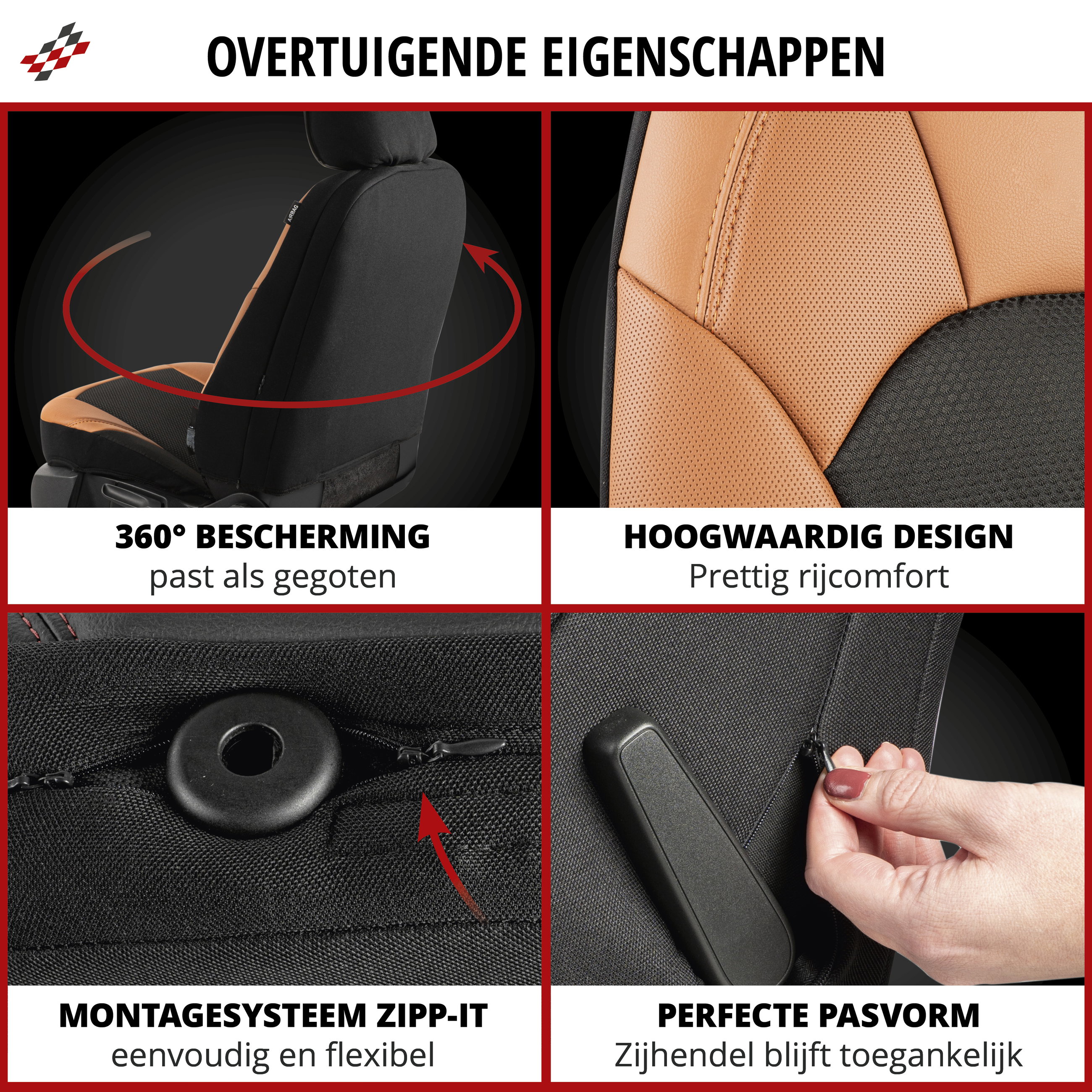 Premium autozetelhoezen Hampton met rits, ZIPP-IT zetelhoezen, 2 zetelhoezen vooraan zwart/bruin