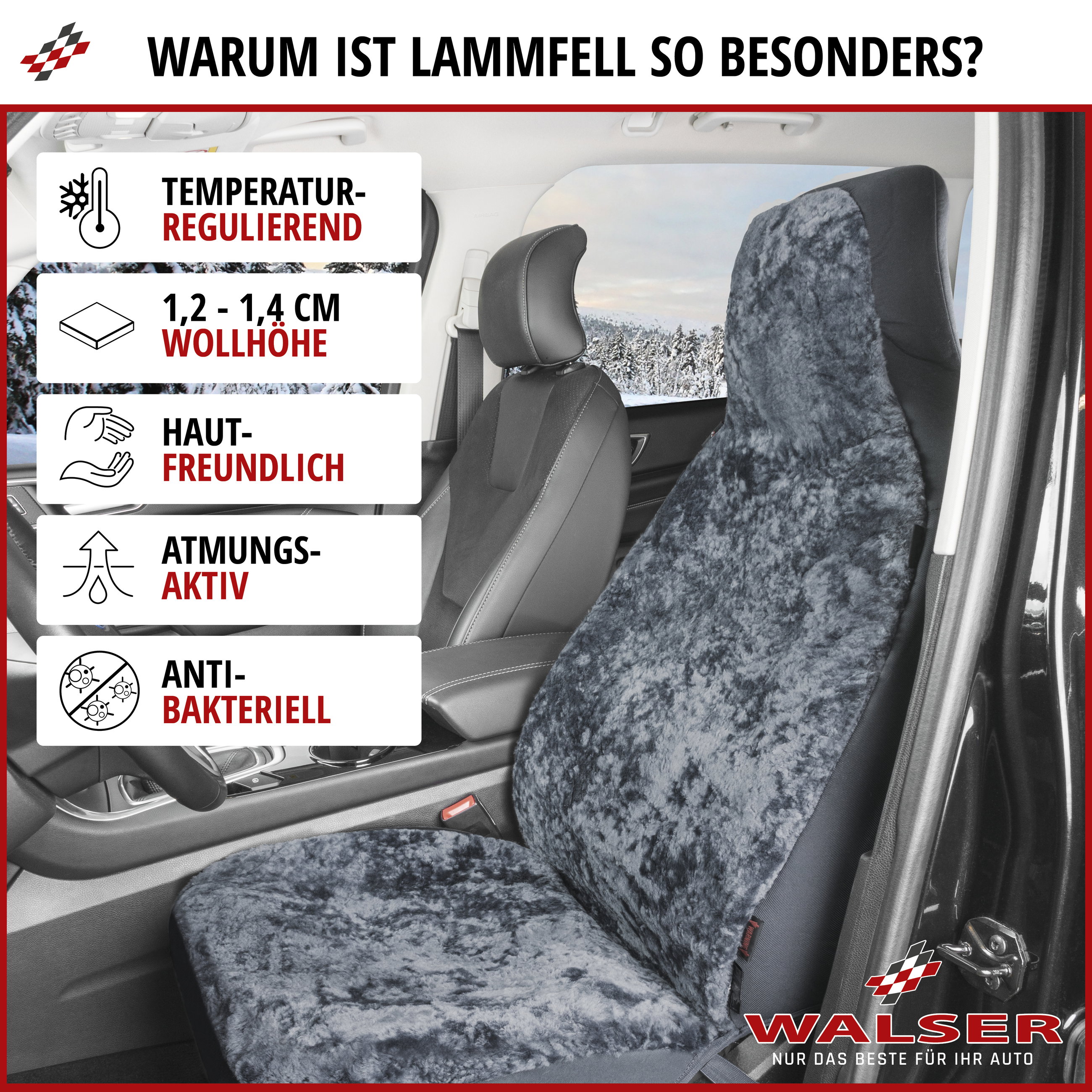 Autositzbezug Zoya aus Lammfell, PKW-Schonbezug Einzelsitz Highback, ZIPP-IT Lammfellbezug mit Reißverschluss anthrazit, 1 Stück