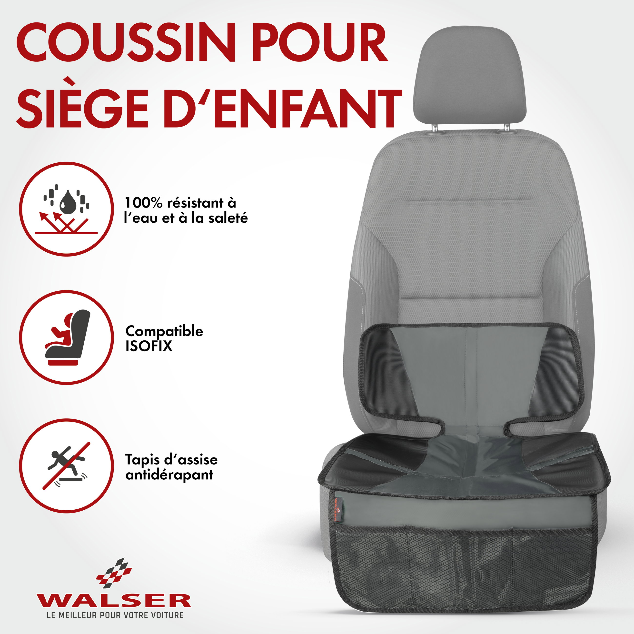 Coussin pour siège enfant Tidy Fred, tapis de protection pour siège enfant gris/noir