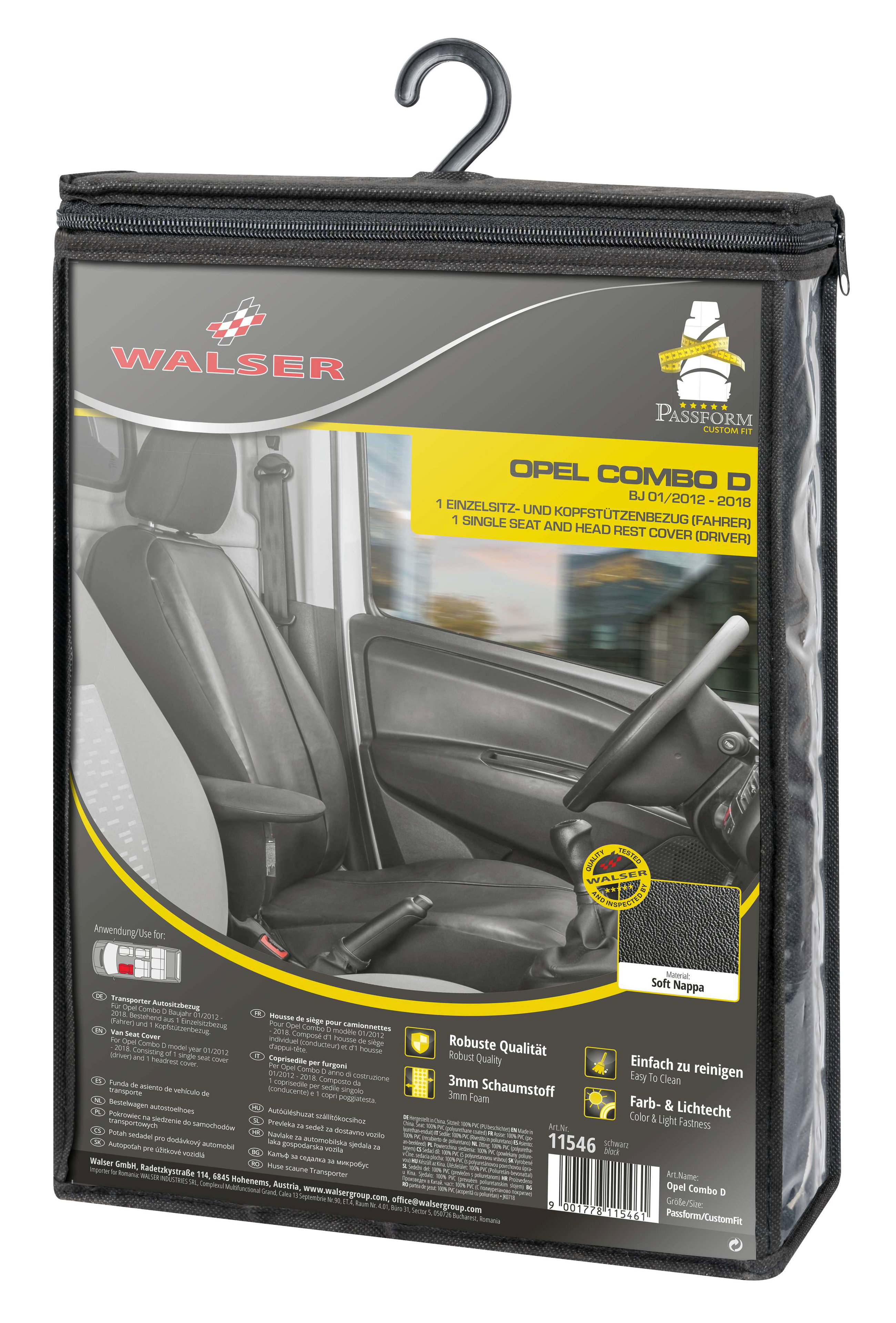 Housse de siège Transporter en simili cuir pour Opel Combo D, 1 siège individuel conducteur (évidement accoudoir droit)