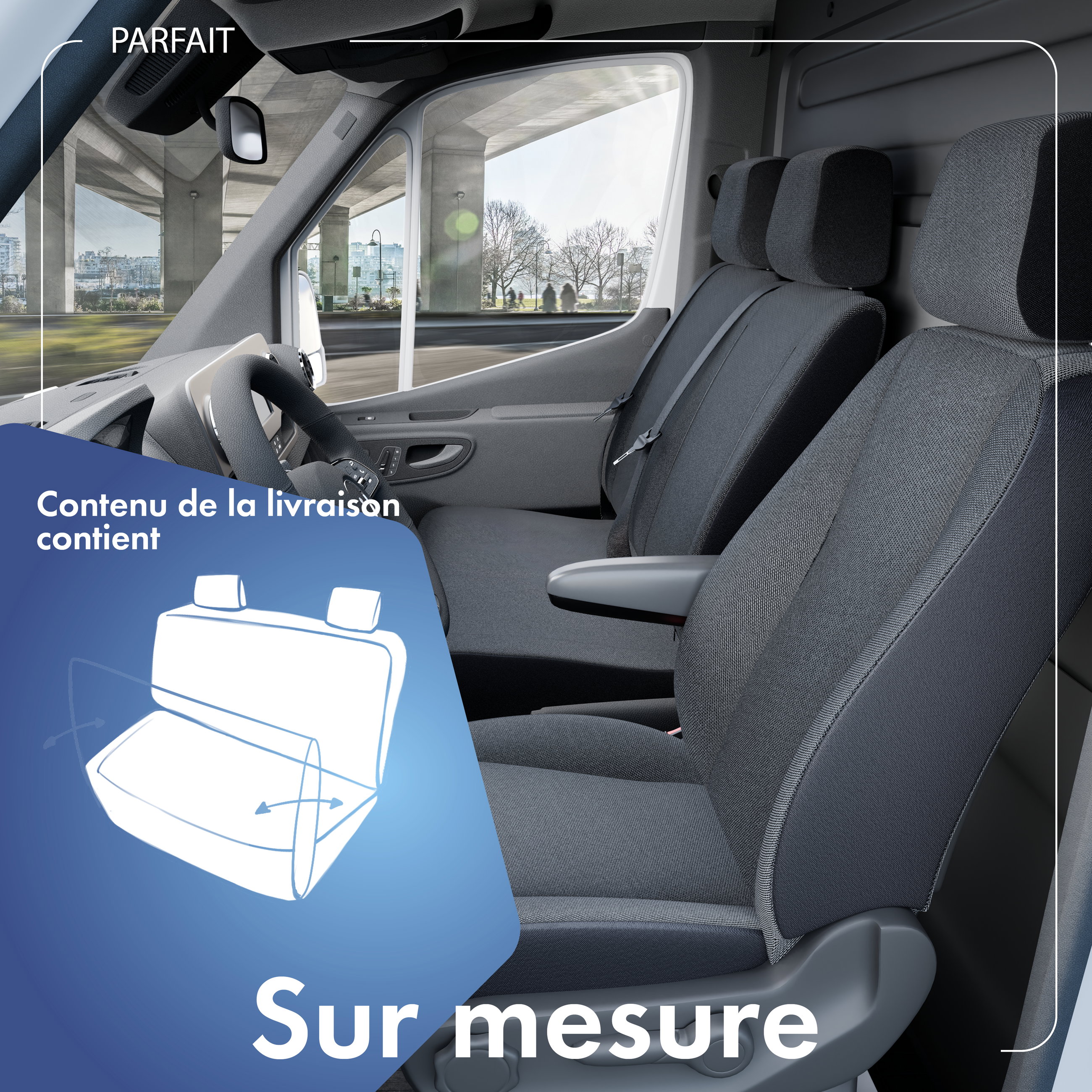 Housse de siège Transporter en tissu pour VW T5, double banquette avant pliable