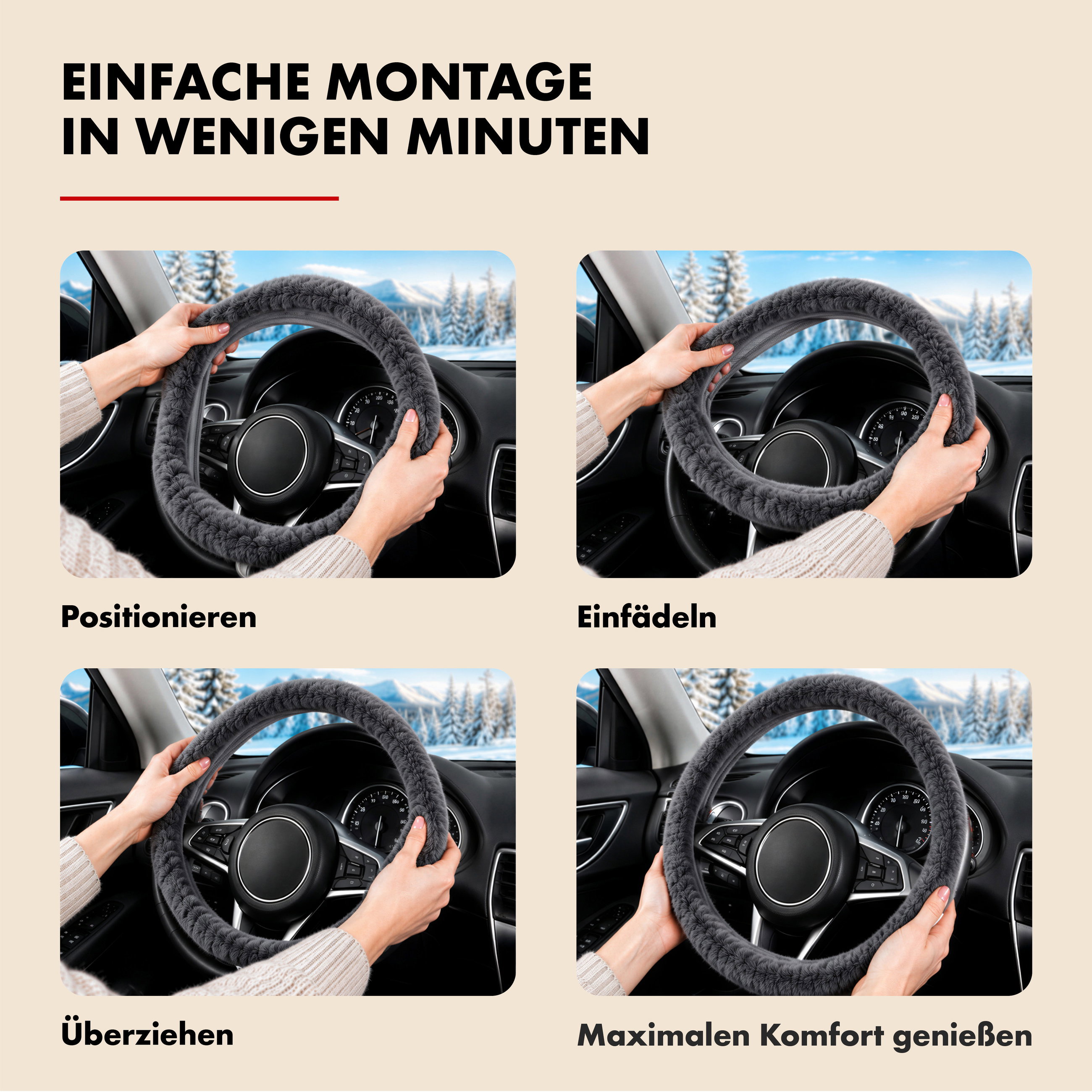 Lenkradbezug Lammfell, Auto-Lenkradschoner, Lenkradhülle Universalgröße beige