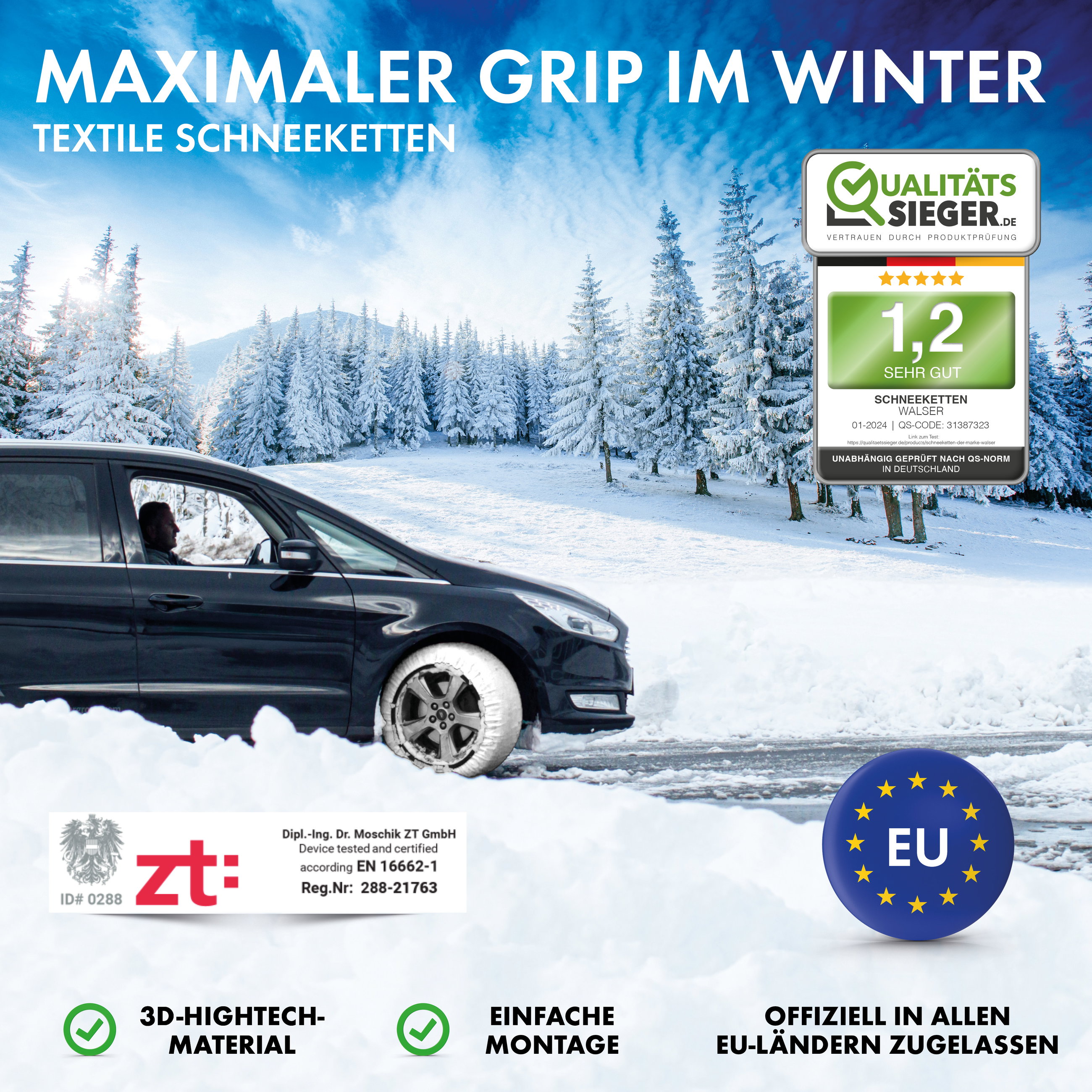 Basic Textile Schneeketten Active L, 2er Set Textil Schneeketten nach EU Norm 16662-1 homologiert, Auto Schneeketten, Auto Schneesocken Winter 2 Stück rot