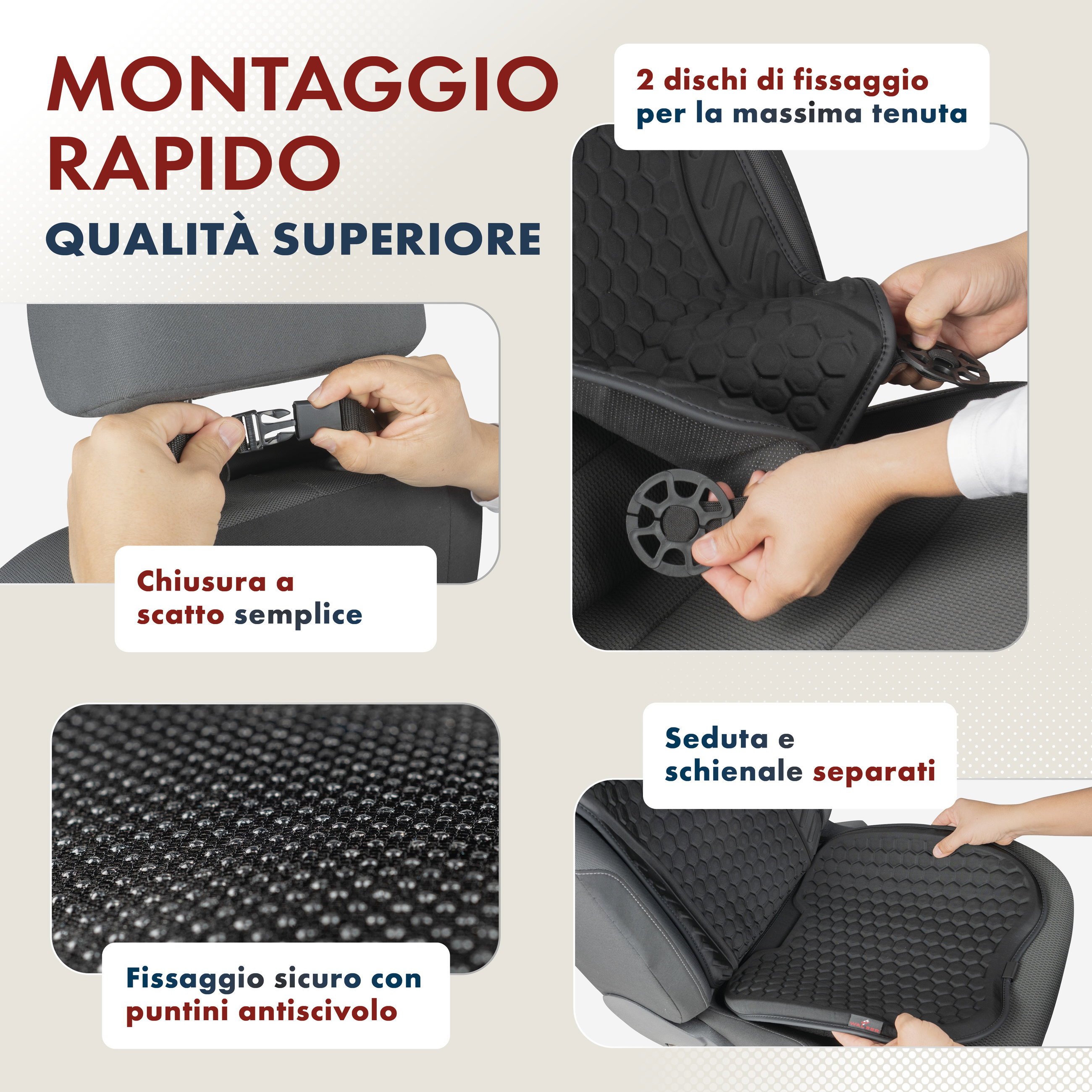 caratteristiche, fissaggio rapido, schiuma seduta, tessuto antiscivolo, fissaggio semplice