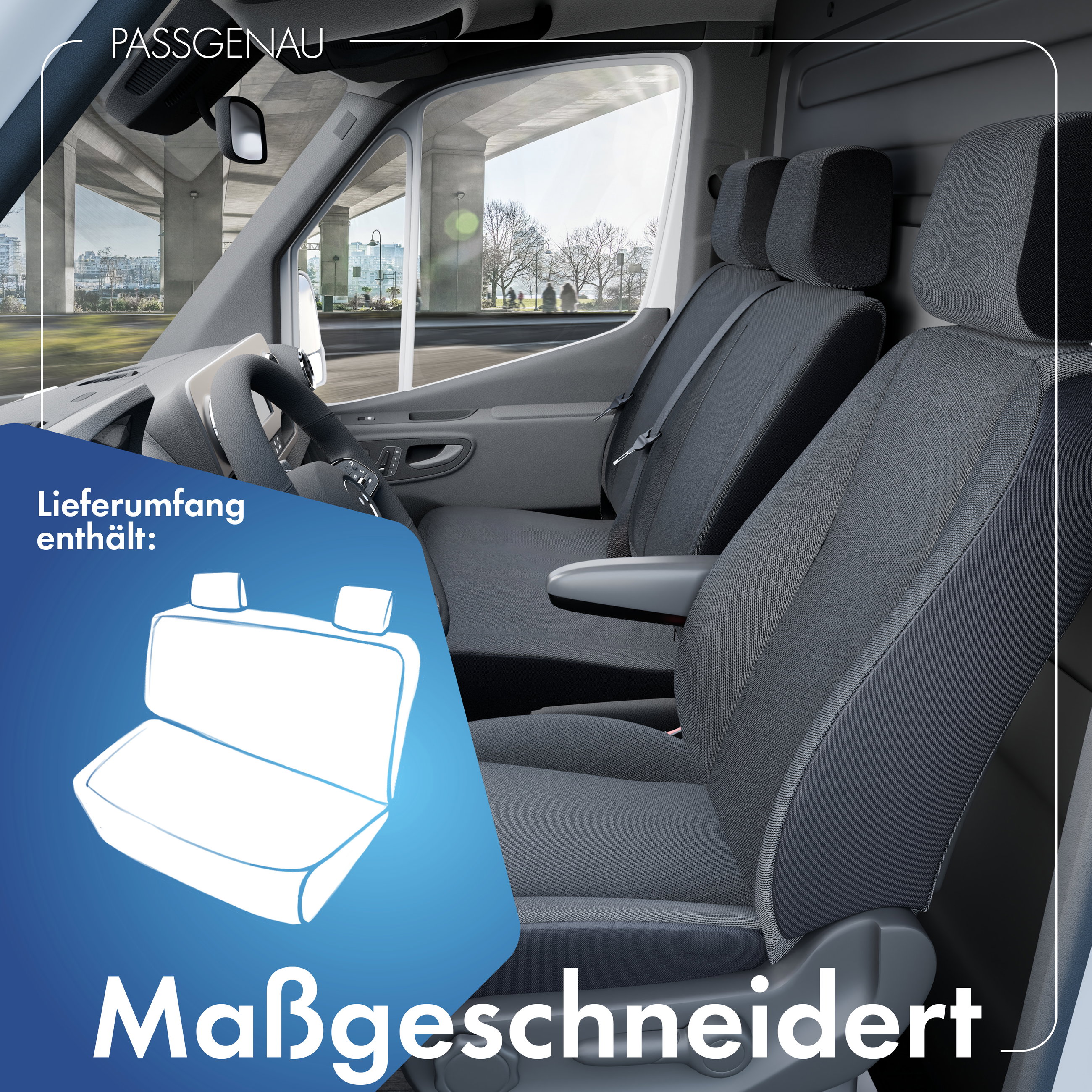 VW T6/Caravelle T6 kompatibler Sitzbezug Stoff, passgenau für Doppelbank vorne, robuste Sitzbezüge Transporter/Van anthrazit