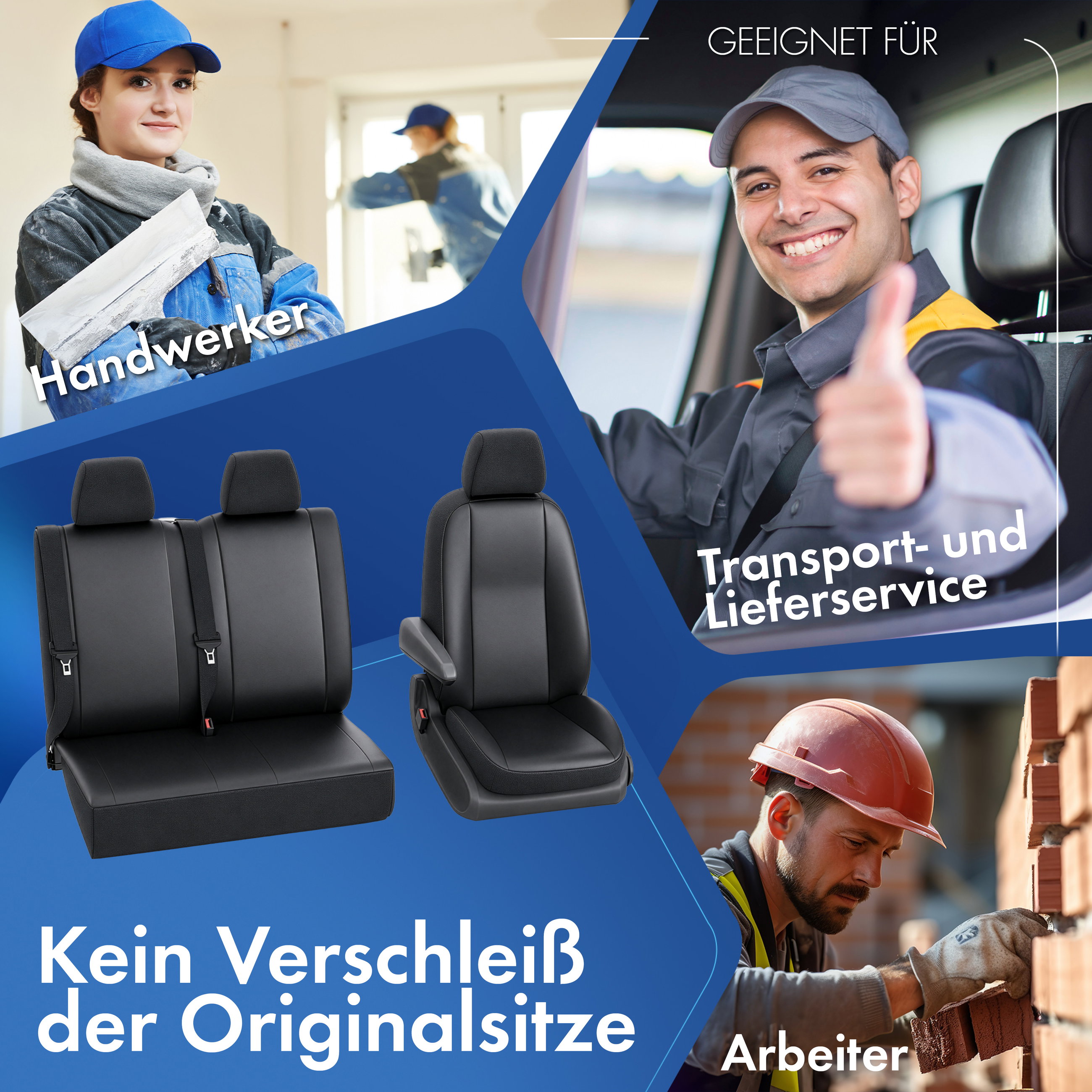 Iveco Daily 4 kompatibler Sitzbezug Kunstleder, passgenau für Einzelsitz vorne (Ausnehmung Armlehne) + Doppelbank vorne, robuste Sitzbezüge Transporter/Van anthrazit