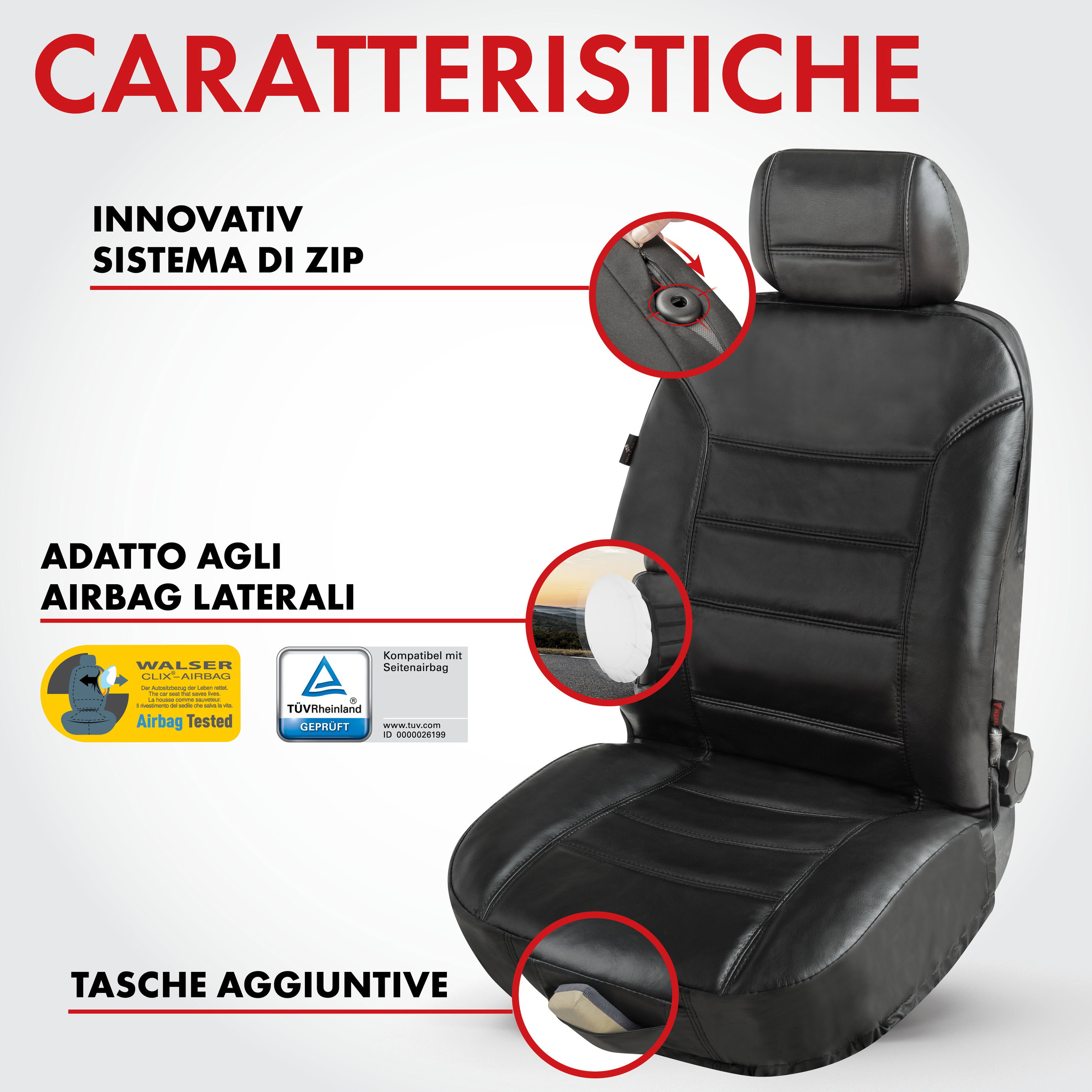 Coprisedili auto Billy in vera pelle nera ZIPP-IT, 1 pezzo