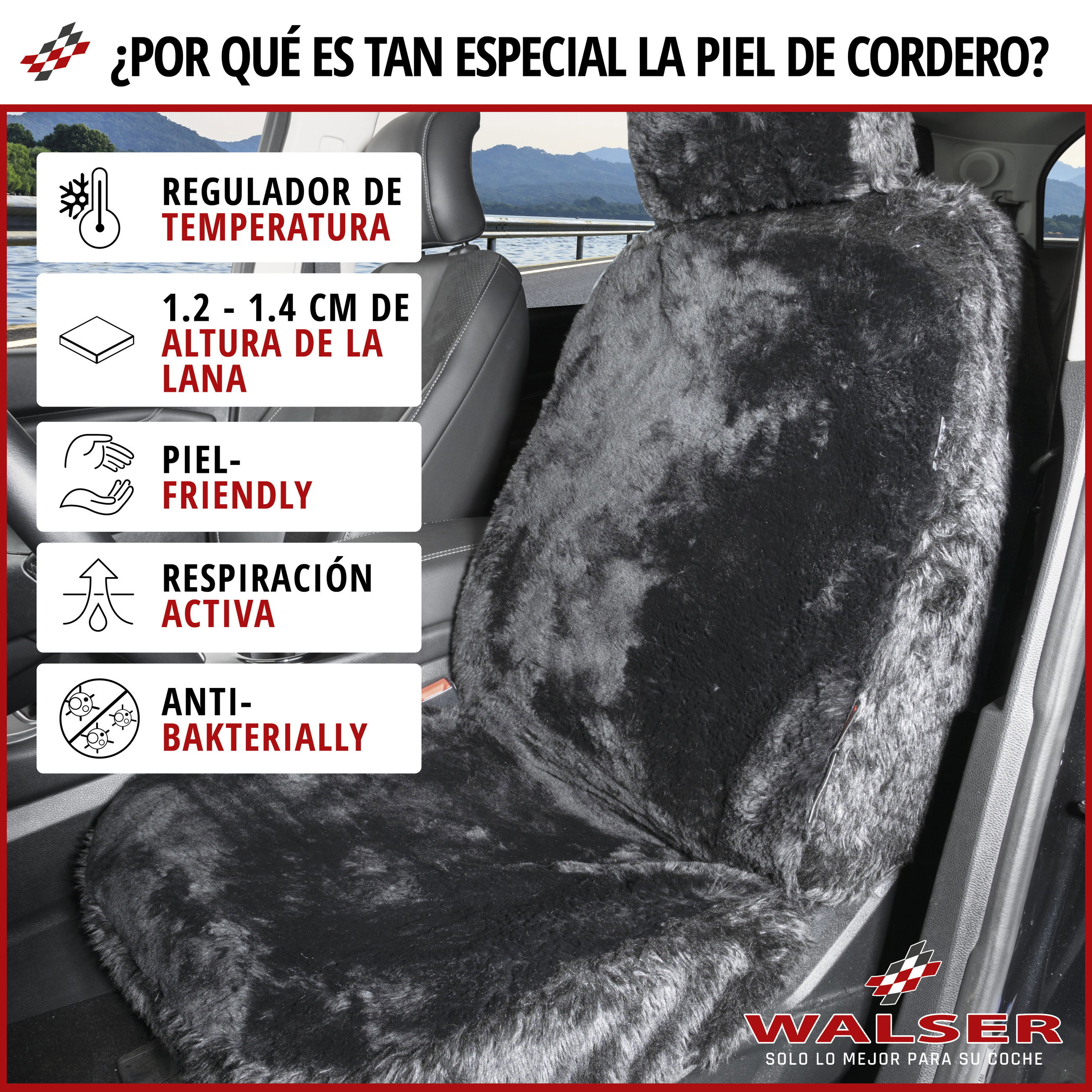 Funda de asiento Maya de piel de cordero, funda protectora de coche asiento individual, piel de corderofunda negro, 1 pieza