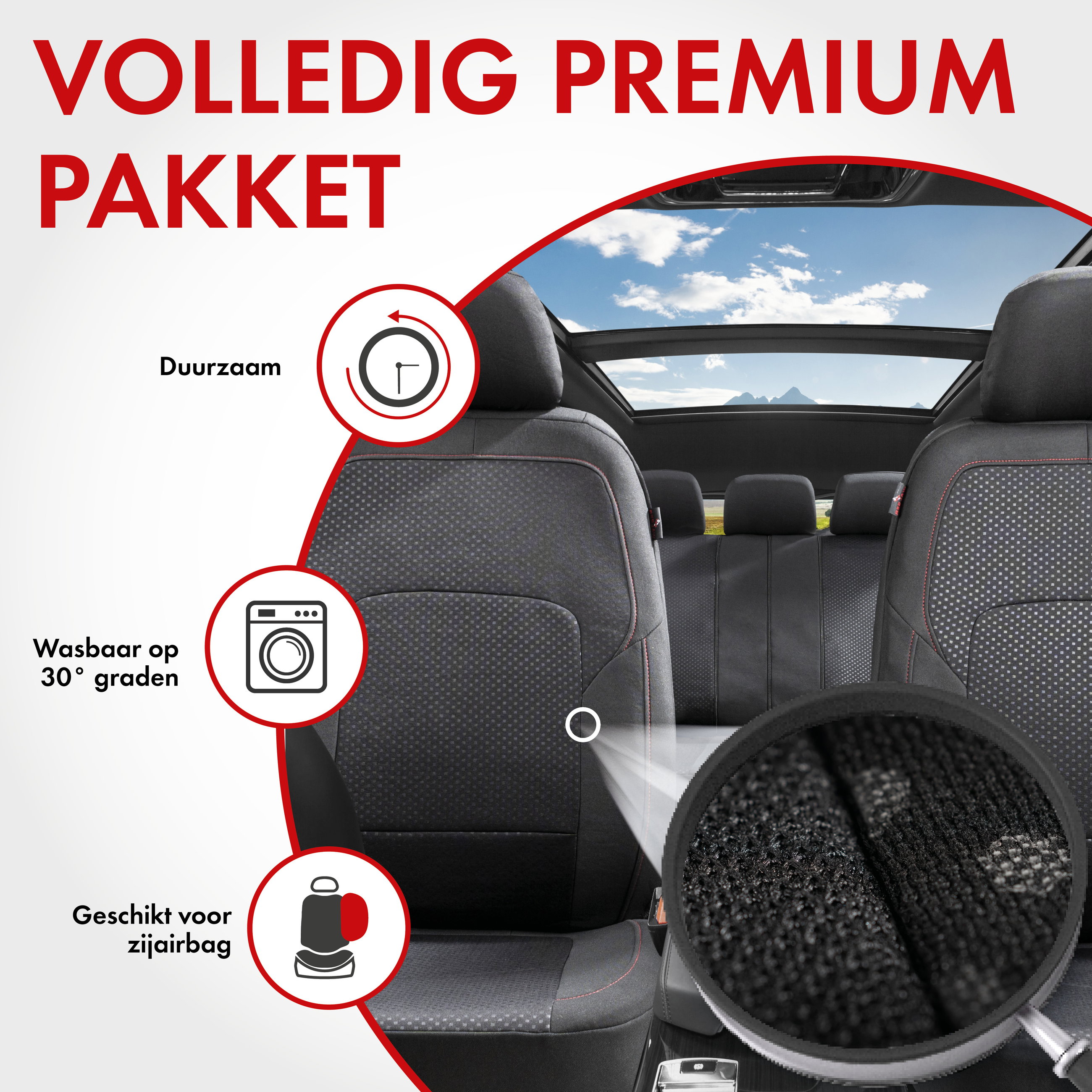 Premium Autostoelbekleding Logan met Zipper ZIPP-IT, Autostoelhoes set, 2 stoelbeschermer voor voorstoel, 1 stoelbeschermer voor achterbank zwart/rood 11861