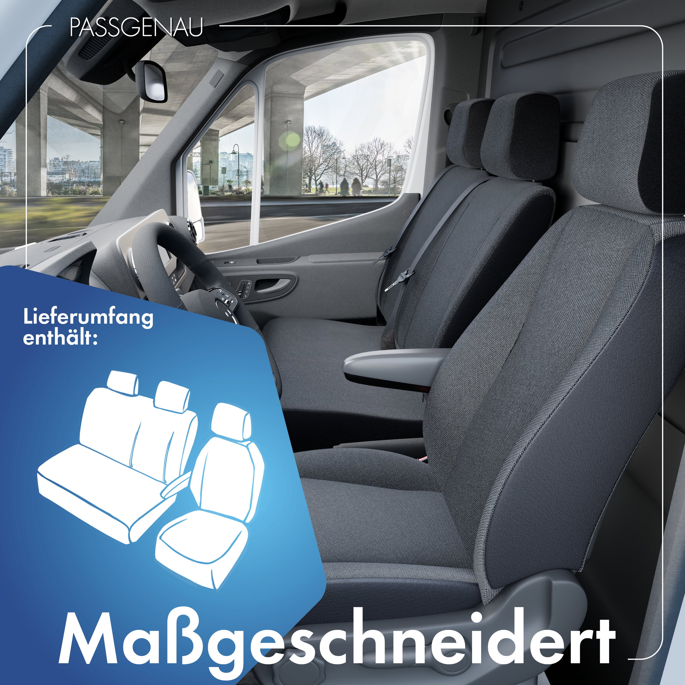Fiact Ducato kompatibler Sitzbezug Stoff, passgenau für Einzelsitz vorne (Ausnehmung Armlehne rechts) + Doppelbank vorne (Ausnehmung Tisch), robuste Sitzbezüge Transporter/Van anthrazit