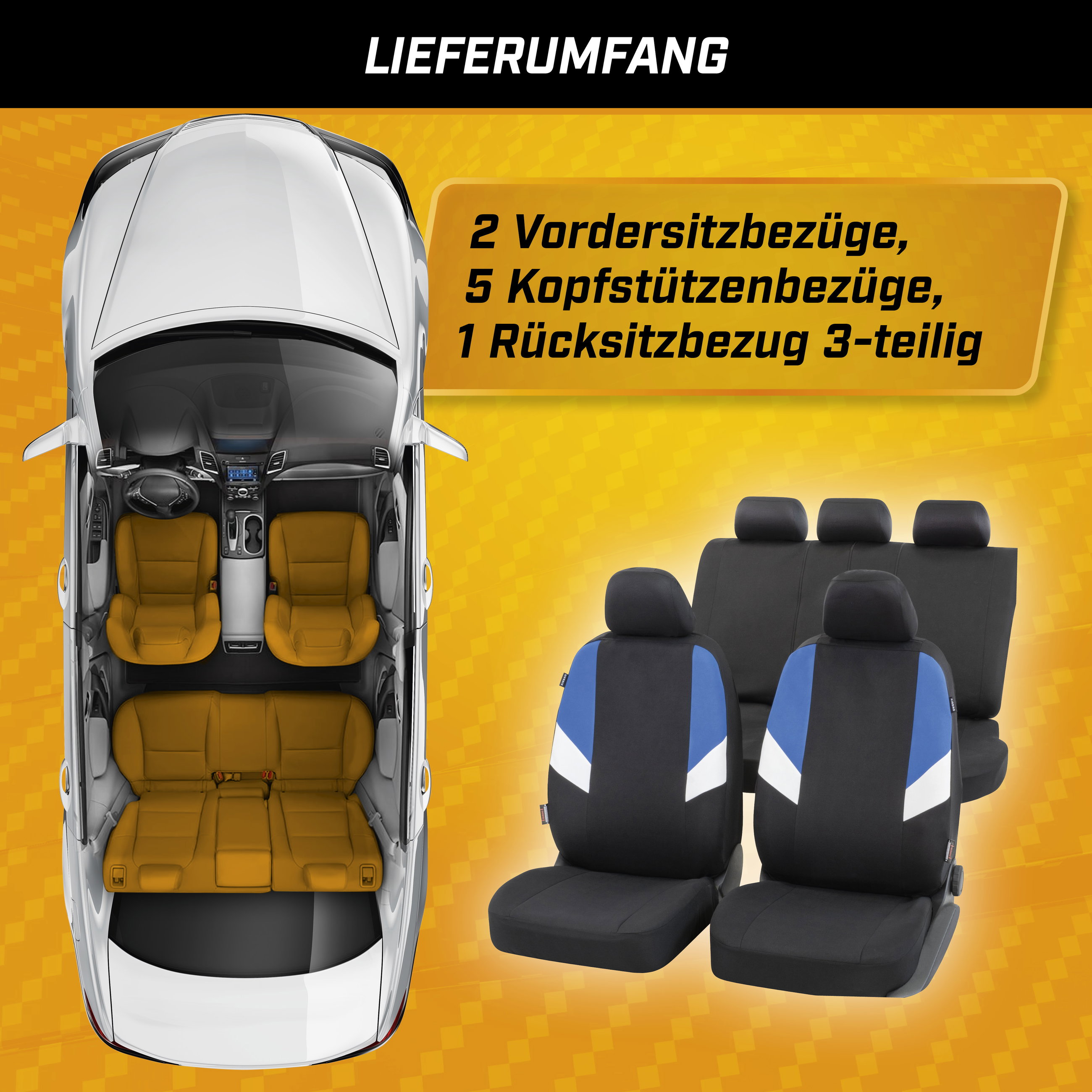 Autositzbezug Cala, PKW-Schonbezüge Komplettset schwarz/blau/weiß