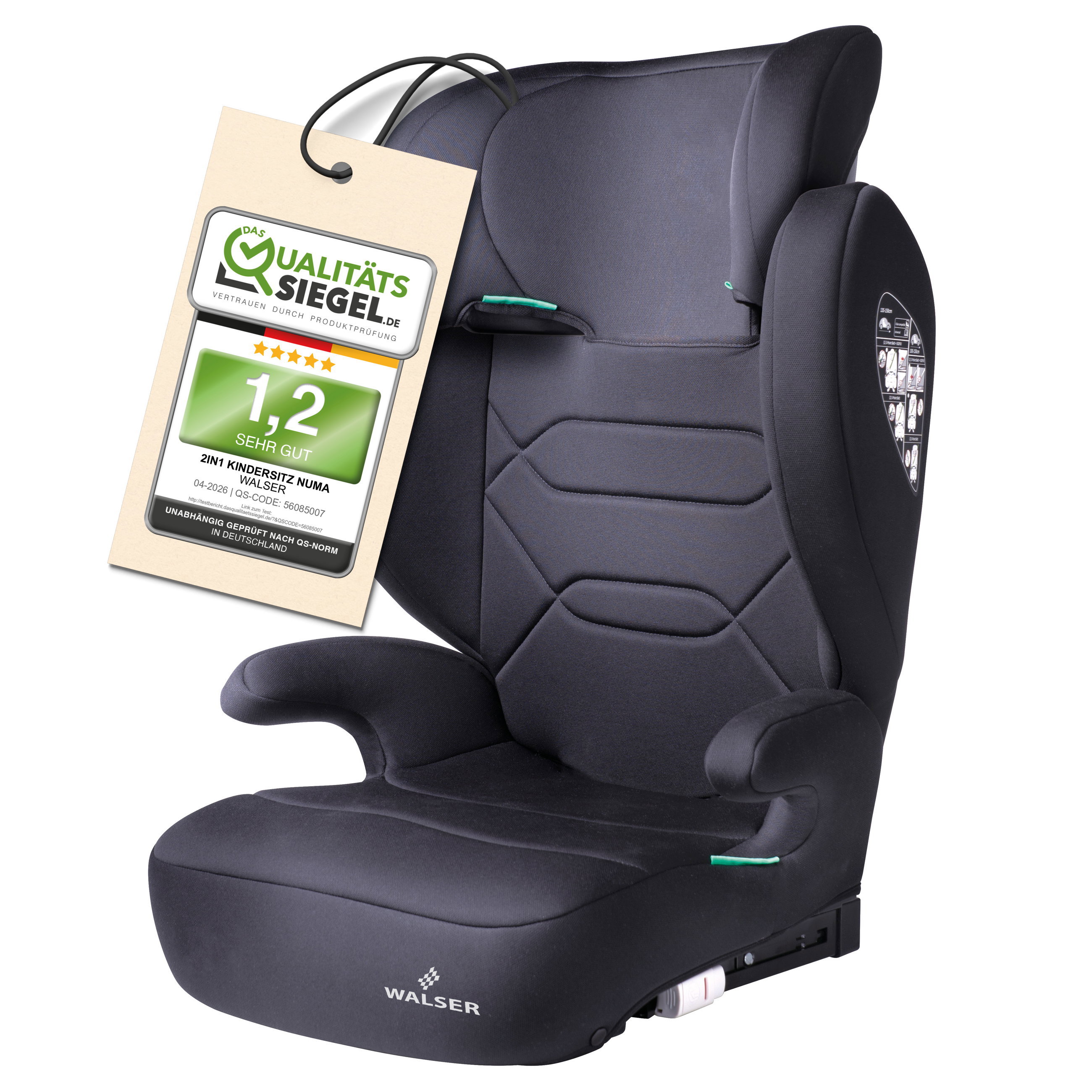 Kindersitz Auto Numa mit ISOFIX-Schienen, bequemer Kindersitz (3-8 Jahre) 100-150 cm, 2in1 Auto Kindersitz mit abnehmbarer Rückenlehne und mitwachsender Kopfstütze ECE R 129 geprüft anthrazit