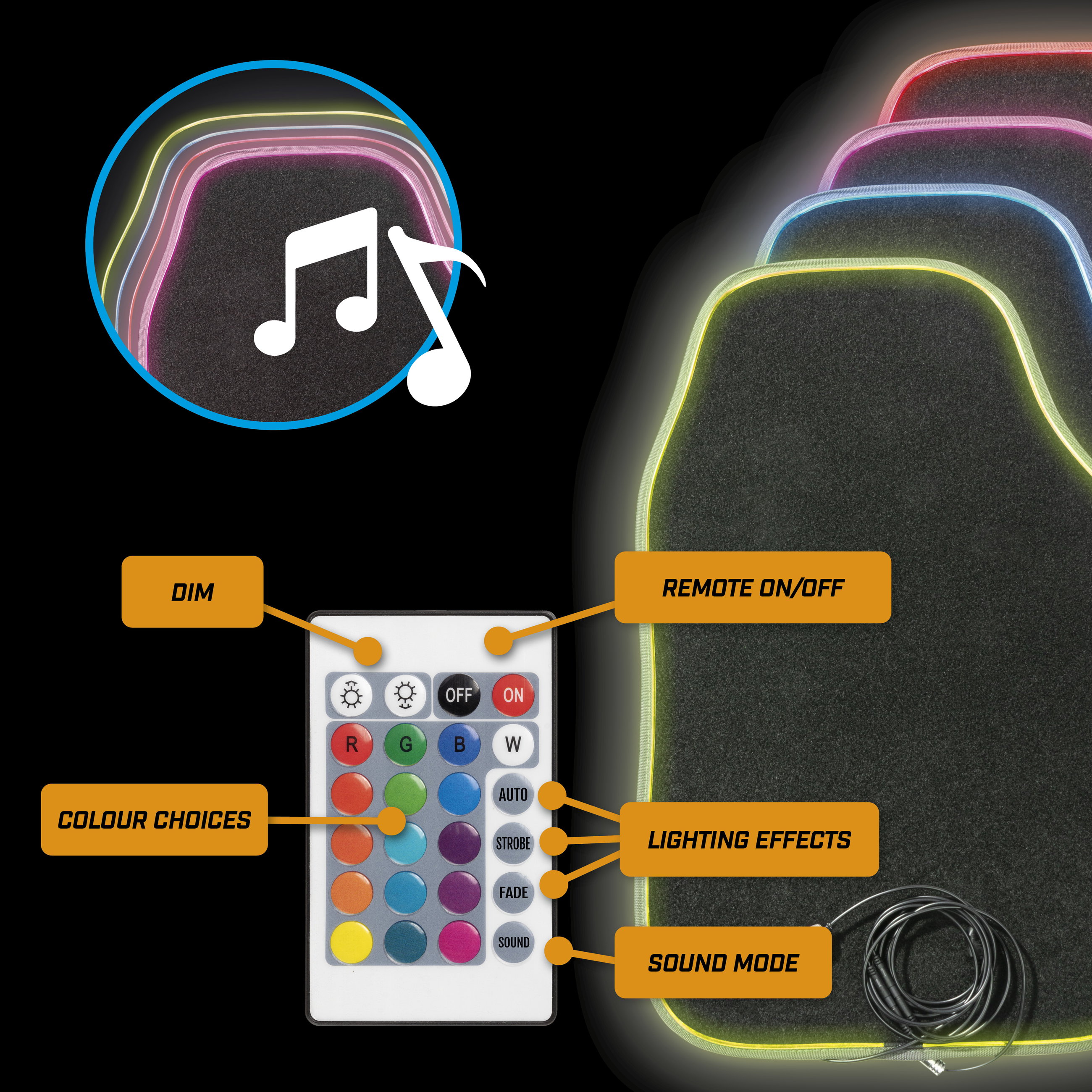 Tappeto auto LED Ambiente con selezione del colore, varie funzioni di luce e telecomando per l'illuminazione dell'ambiente