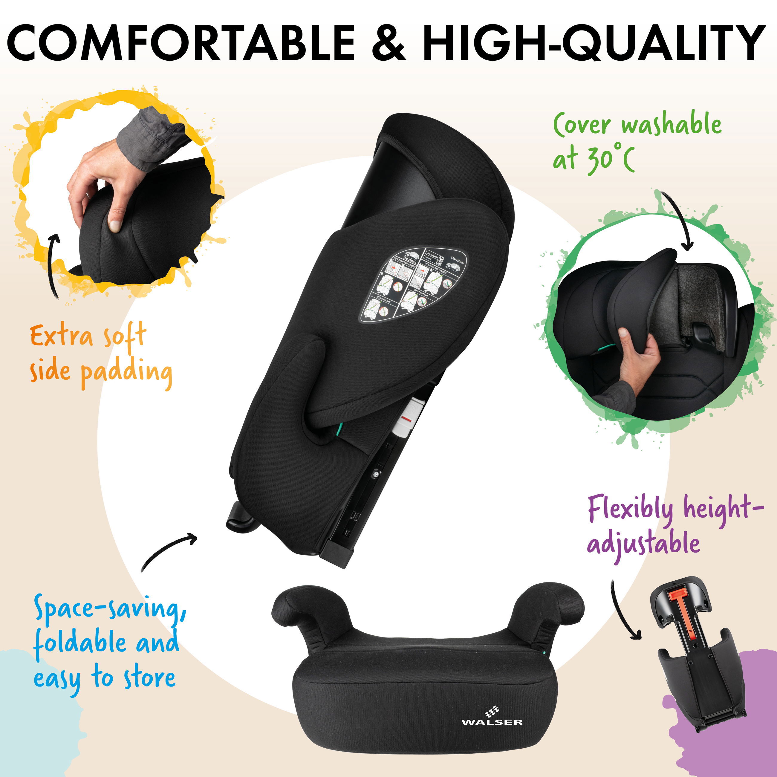Kinderautogurt, ergonomisch, gepaddet, verstellbar, klappbar lagerung, Kinderwagensitz, Auto-Kindersitz, Gurtclip, Schutzbezug, Verstellbar