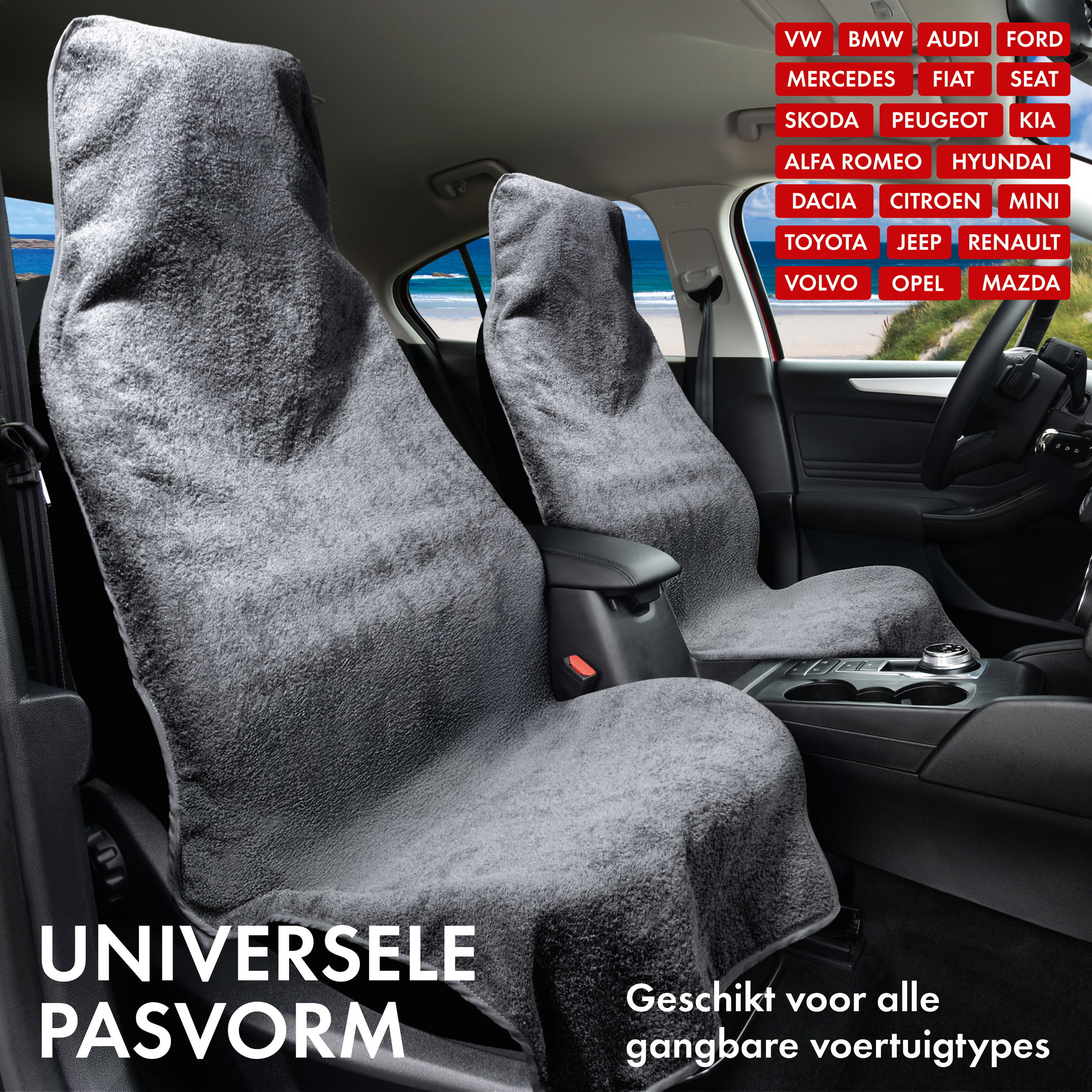 Auto stoelhoes van badstof, autostoelbeschermer wasbaar grijs, 2 stuks