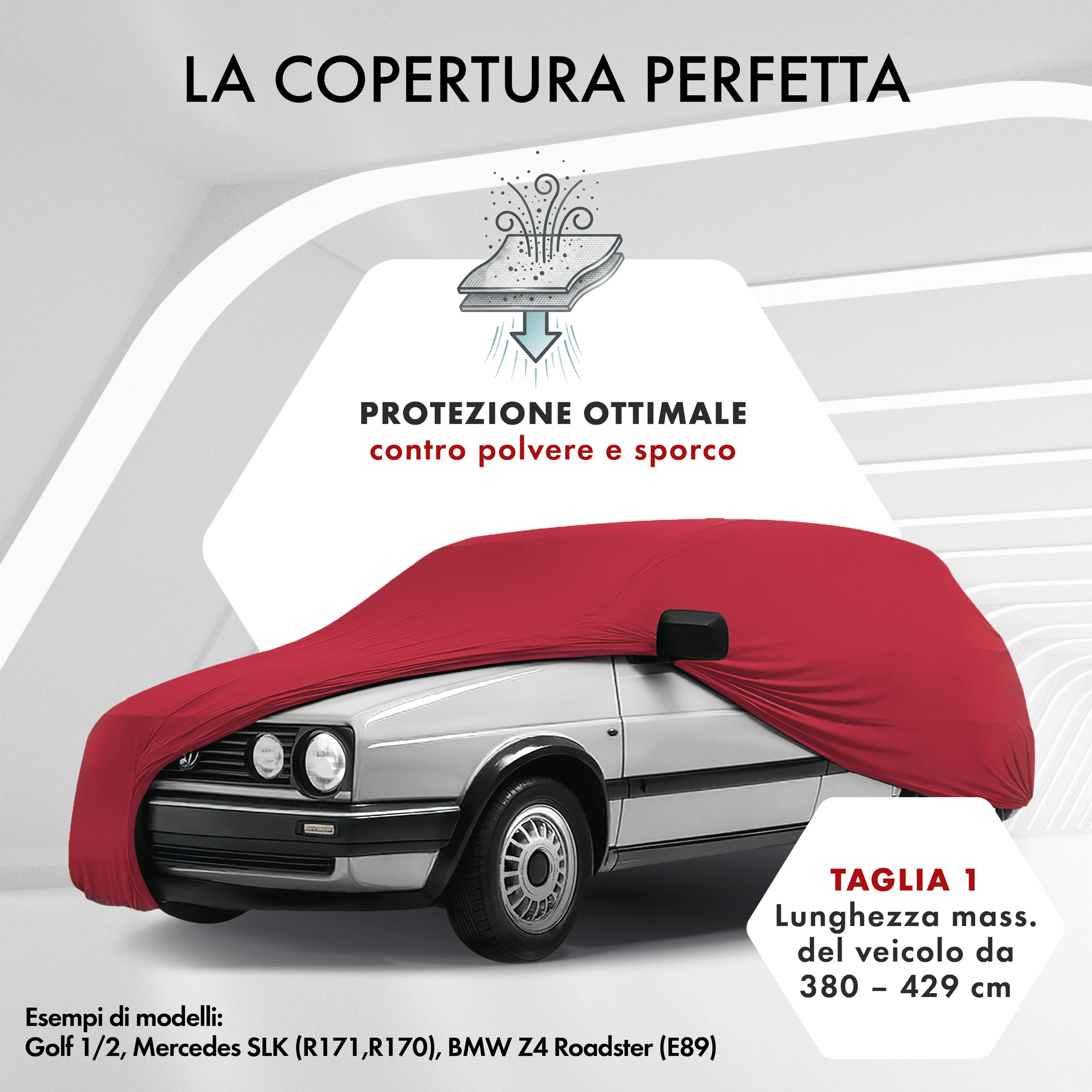 Telo Copriauto da interno Indoor Stretch, Copertura protettiva per uso interno Misura 1 Auto rosso