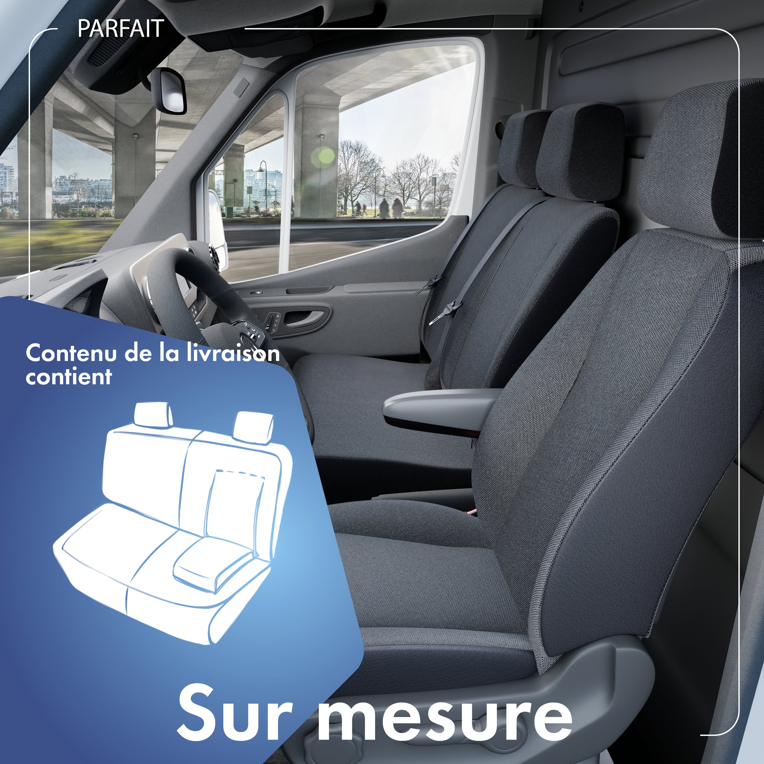 Housse de siège Transporter en tissu pour Ford Transit, Banquette double avant divisible (évidement table)