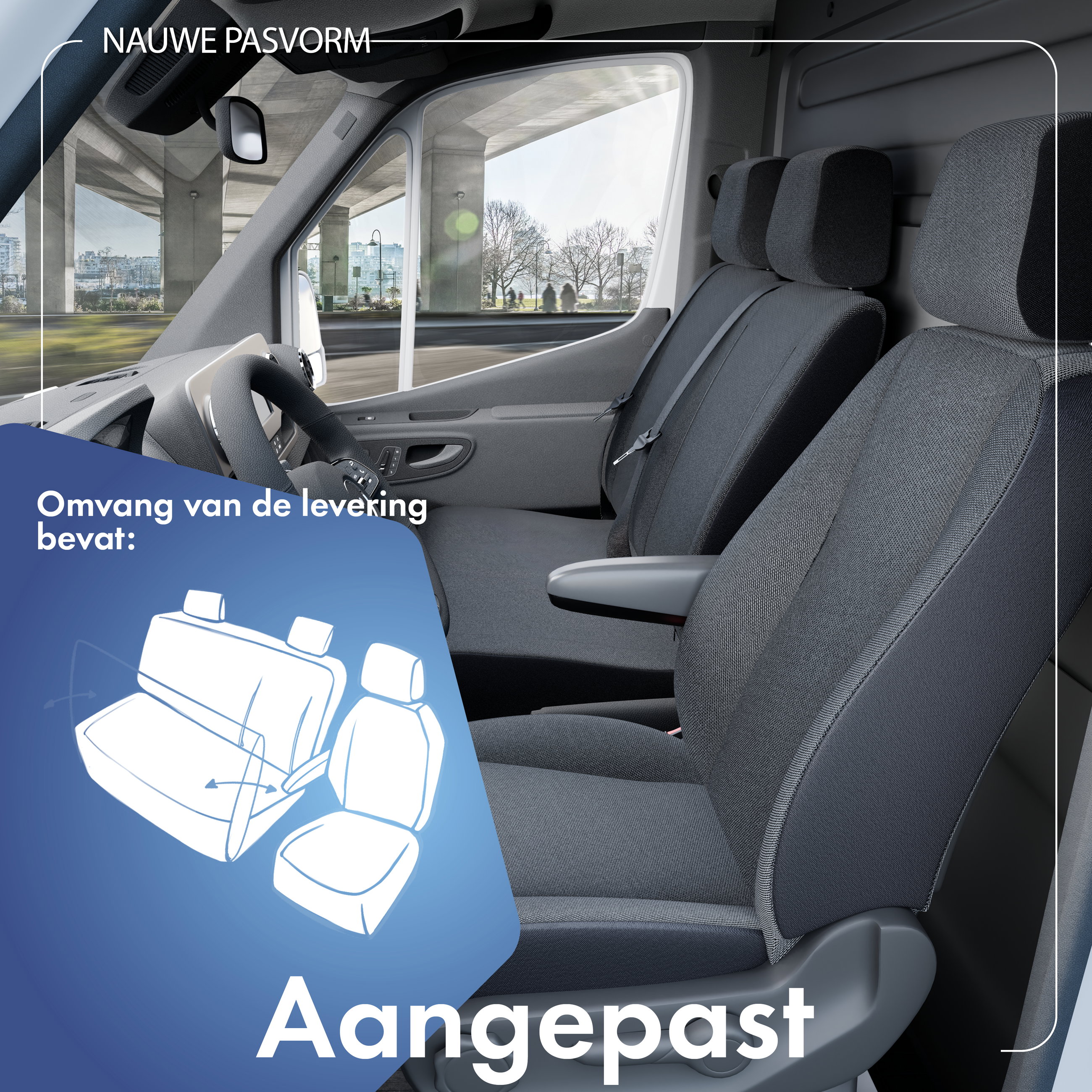 Autostoelhoes Transporter Fit van stof antraciet geschikt voor Ford Transit, 1 enkele zitplaats voorin (armleuninguitsparing) & opklapbare dubbele zitbank voorin
