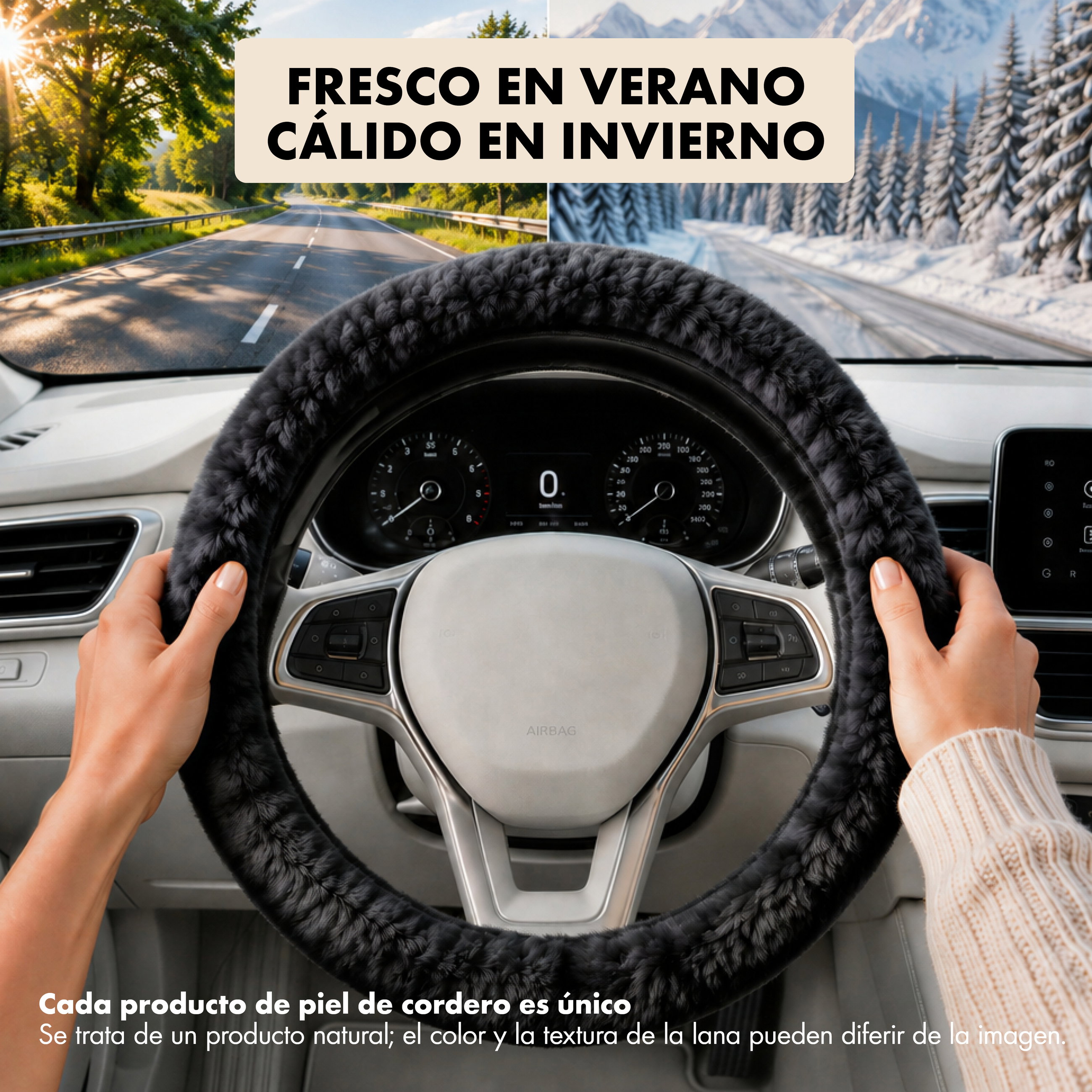 Funda de volante piel de cordero, protector de volante de coche, funda de volante talla universal beige