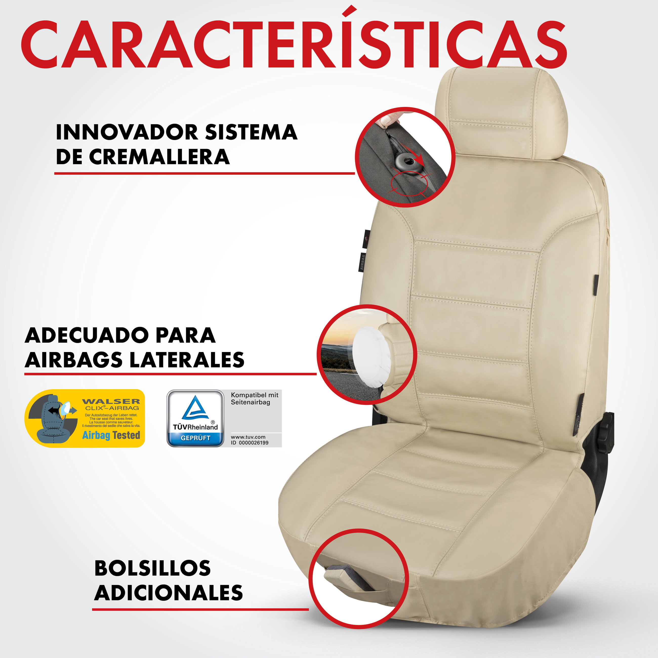 Funda de asiento Billy de cuero auténtico, funda protectora de coche cuero auténtico, funda de asiento delantero ZIPP-IT beige, 1 pieza