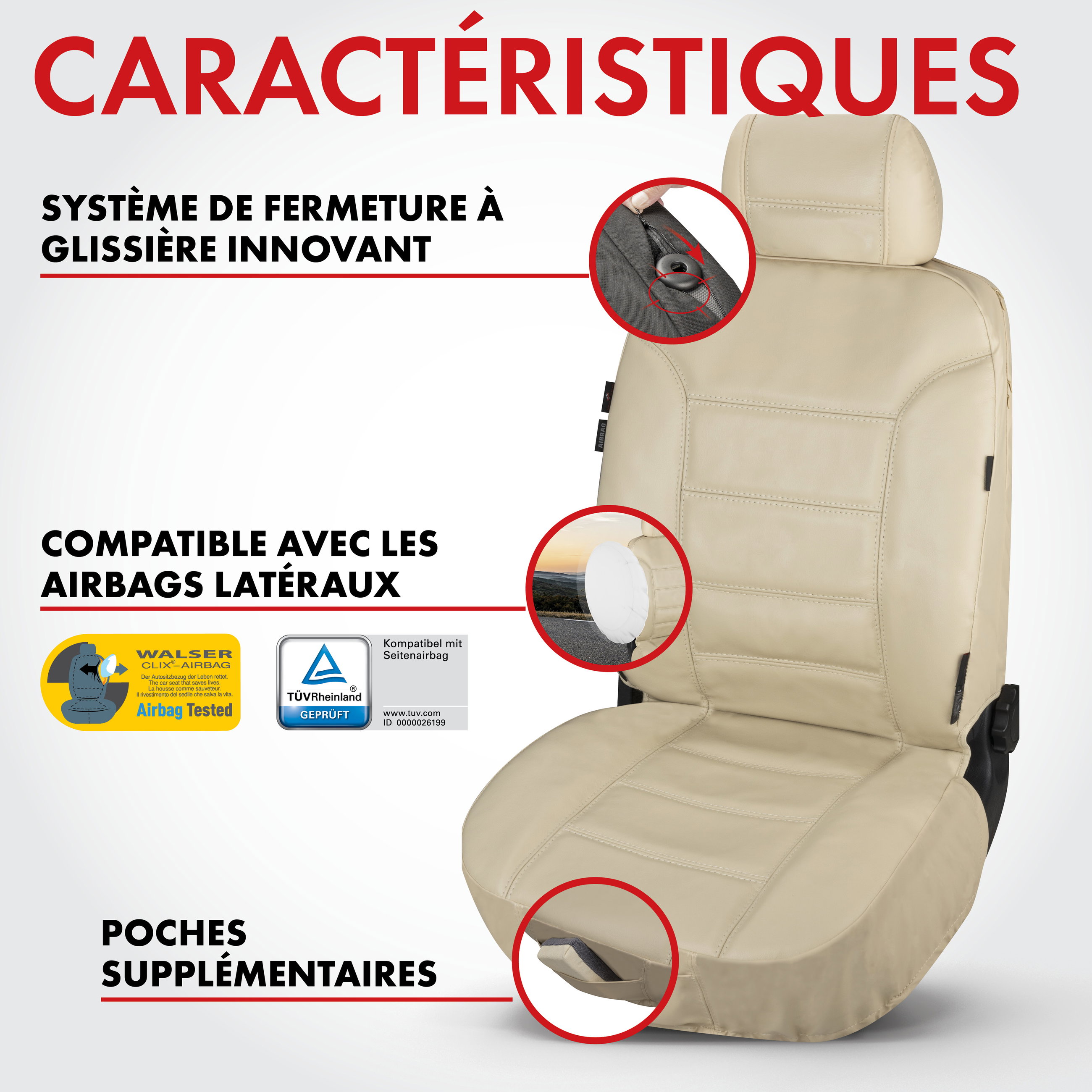 Housse de siège Billy en cuir véritable beige ZIPP-IT, 1 pièce