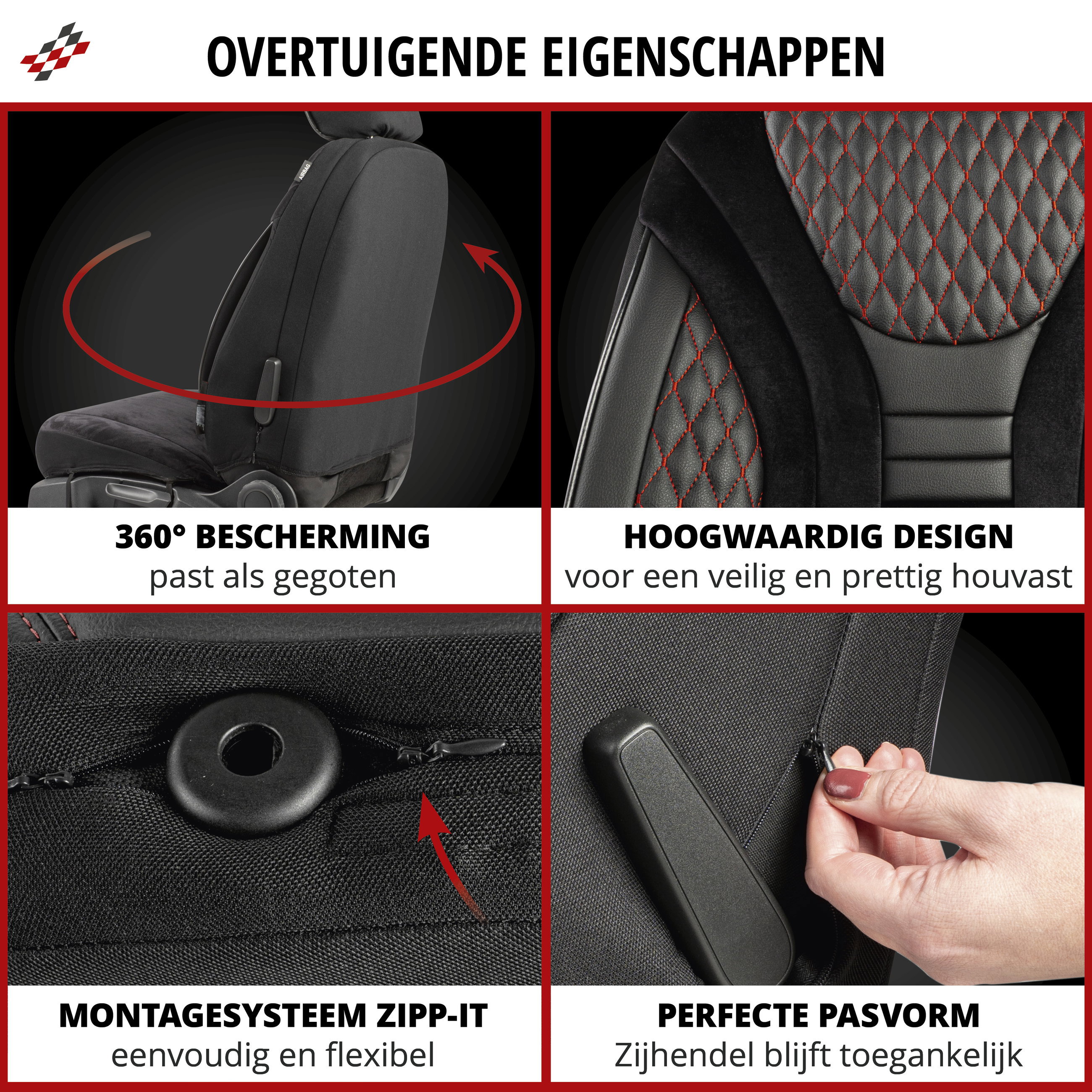 Premium autozetelhoezen Balmoral met rits, ZIPP-IT zetelhoezen, 2 zetelhoezen vooraan zwart/rood
