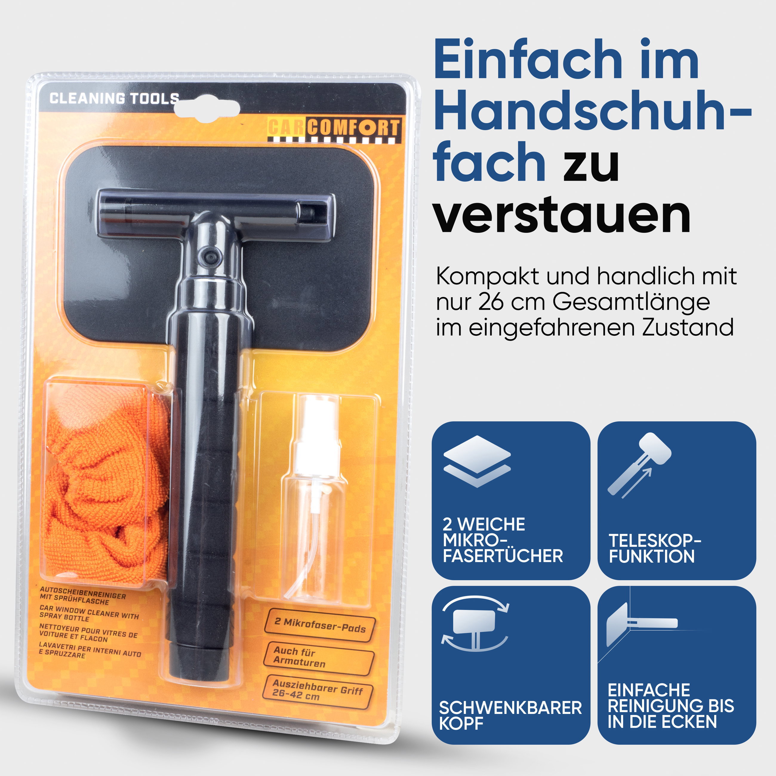 Scheibenreiniger inkl. Sprühflasche, Autoscheibenreiniger teleskopierbar 26 - 42 cm orange