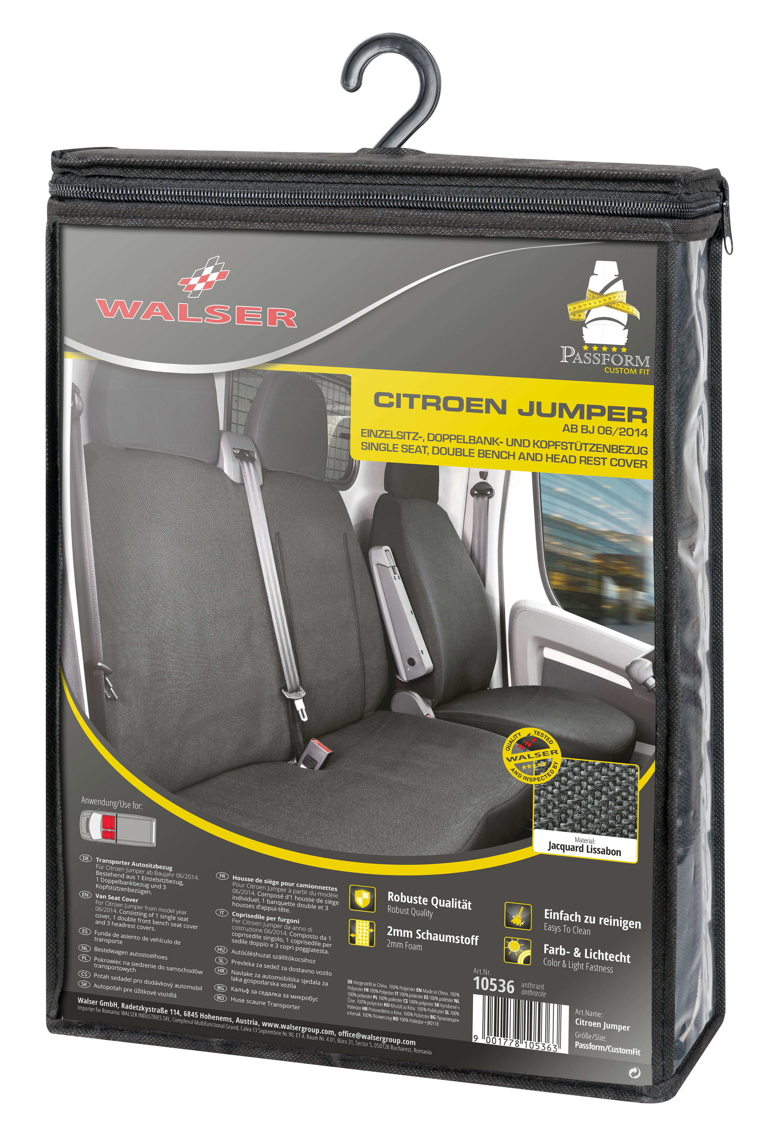 Citroen Jumper 3 kompatibler Sitzbezug Stoff, passgenau für Einzelsitz vorne (Ausnehmung Armlehne rechts) + Doppelbank vorne (Ausnehmung Tisch), robuste Sitzbezüge Transporter/Van anthrazit