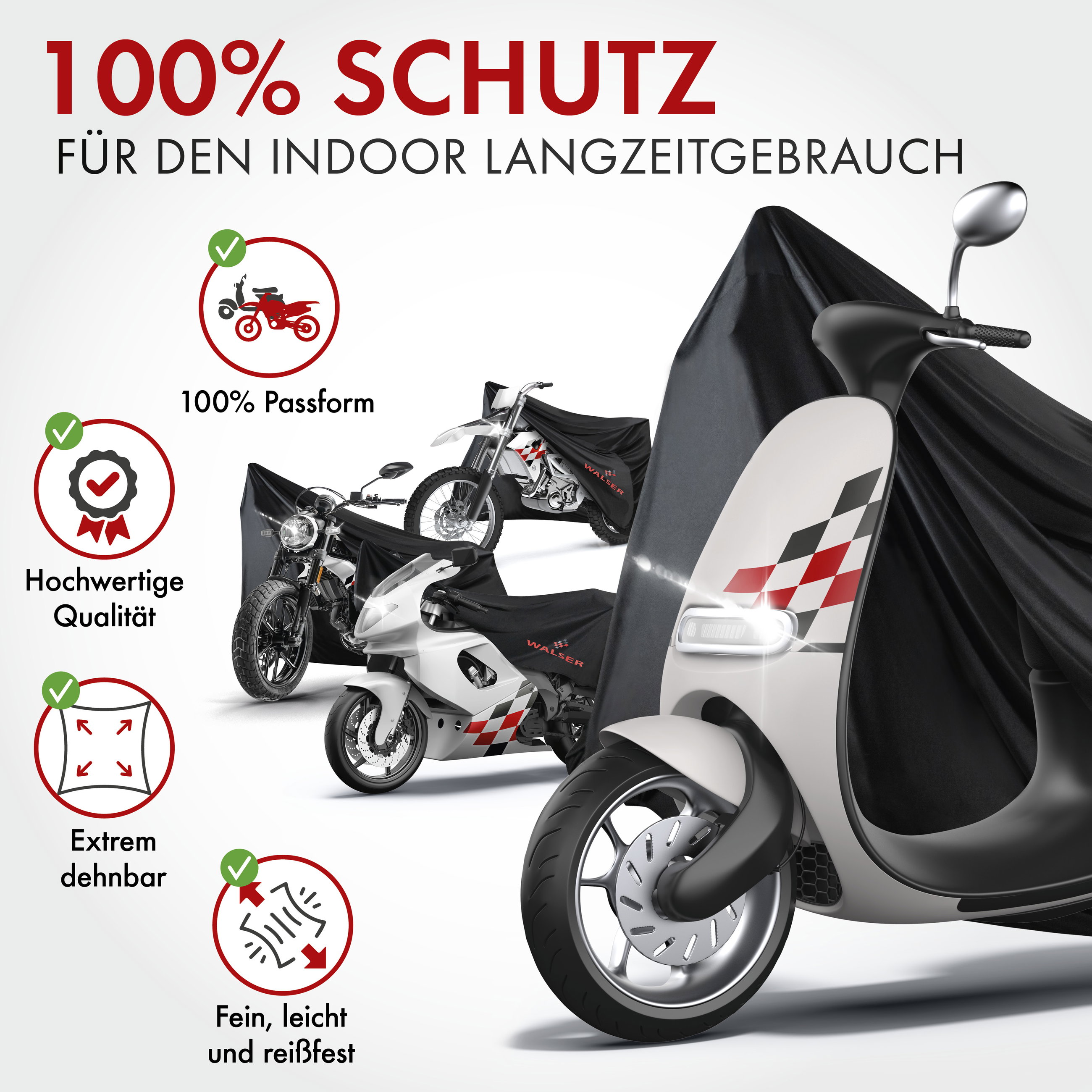 Motorrad Abdeckplane Indoor Stretch S, Indoor Vespa-Abdeckplane atmungsaktiv, Motorrad-Garage für den Innenbereich - 185x90x110 cm schwarz