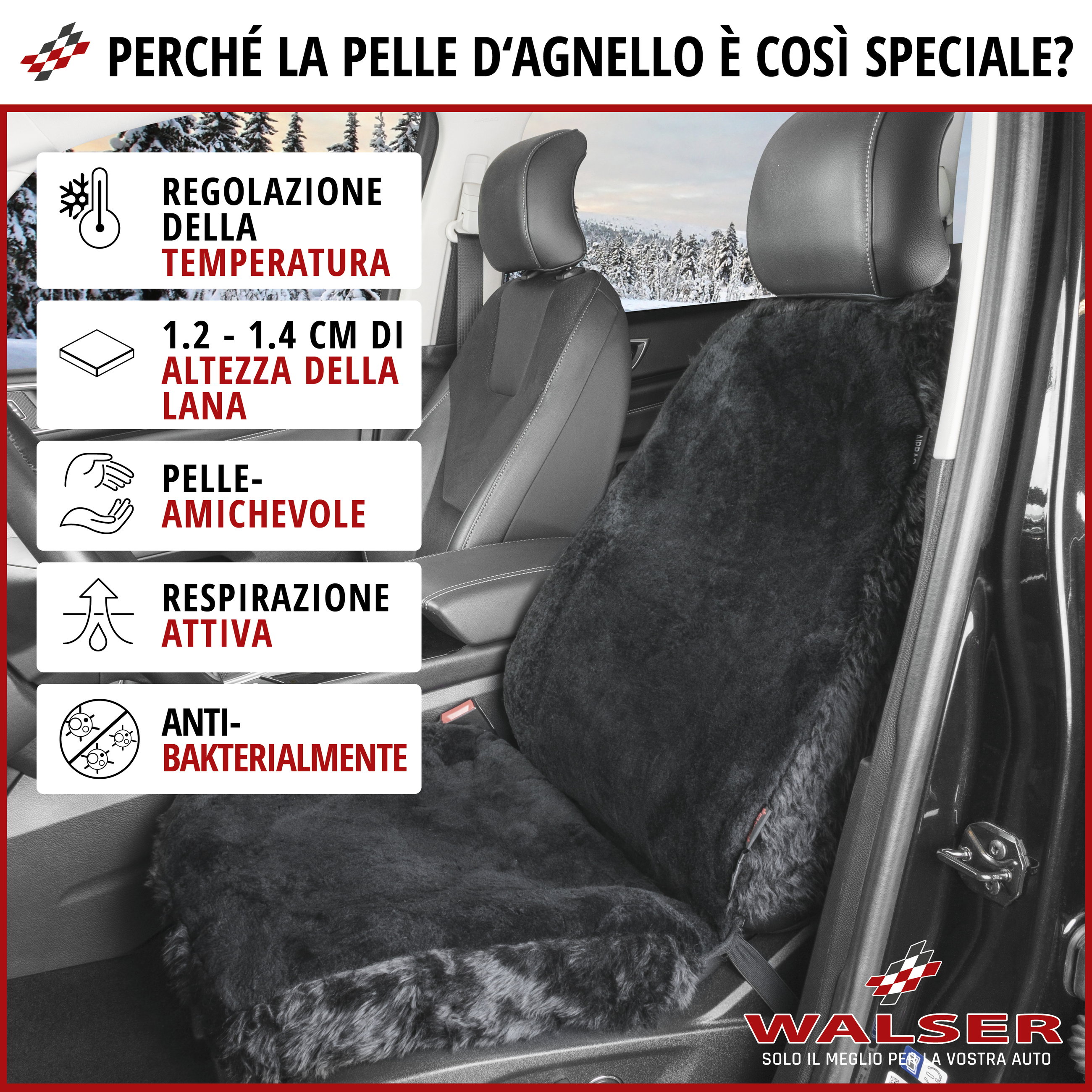 Coprisedili auto Monette in pelle d'agnello nero con sistema informatico ZIPP, 1 pezzo