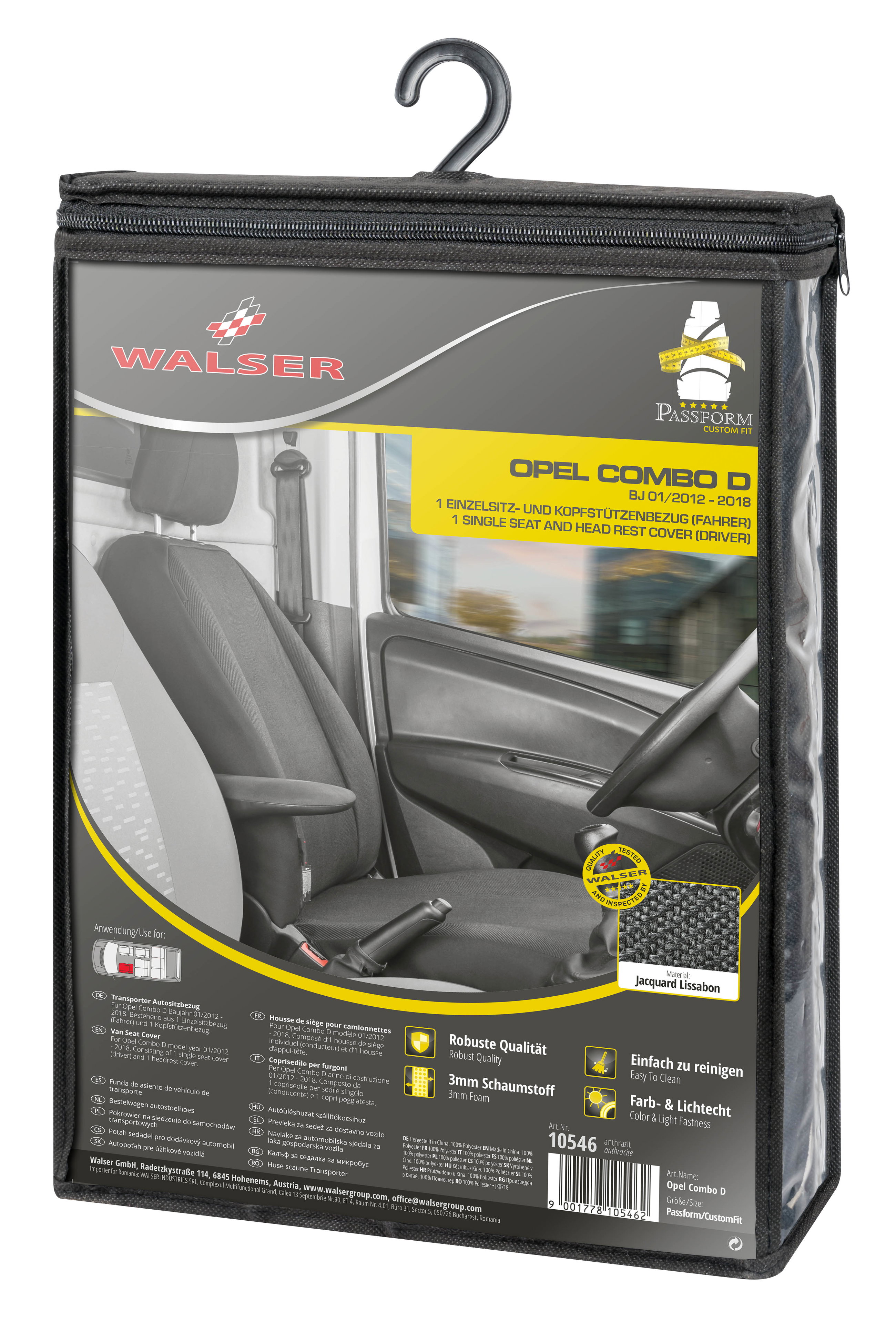 Housse de siège Transporter en tissu pour Opel Combo D, 1 siège individuel conducteur (évidement accoudoir droit)