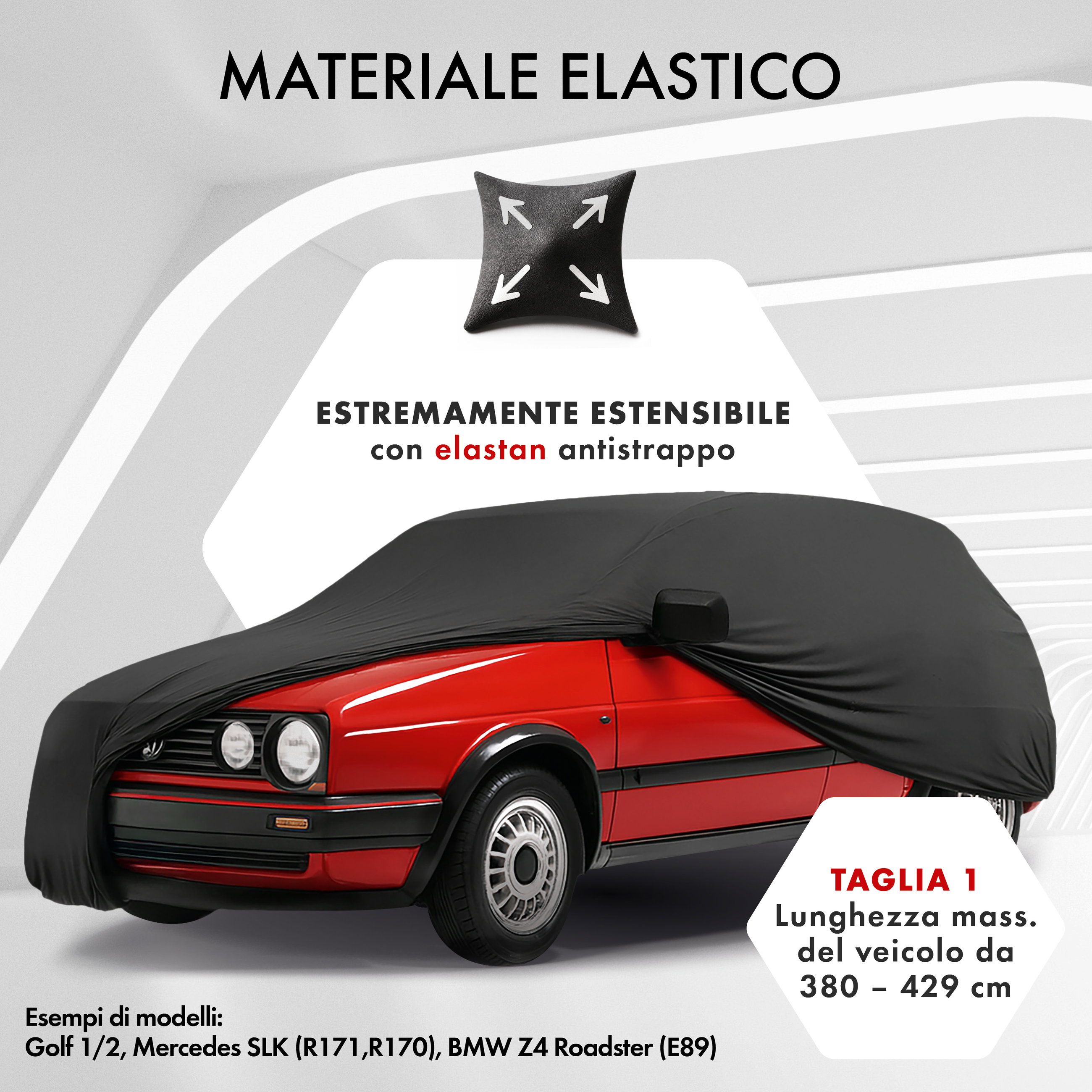 Premium Telo Copriauto da interno Indoor Stretch Plus, Copertura protettiva per uso interno Misura 1 Auto nero