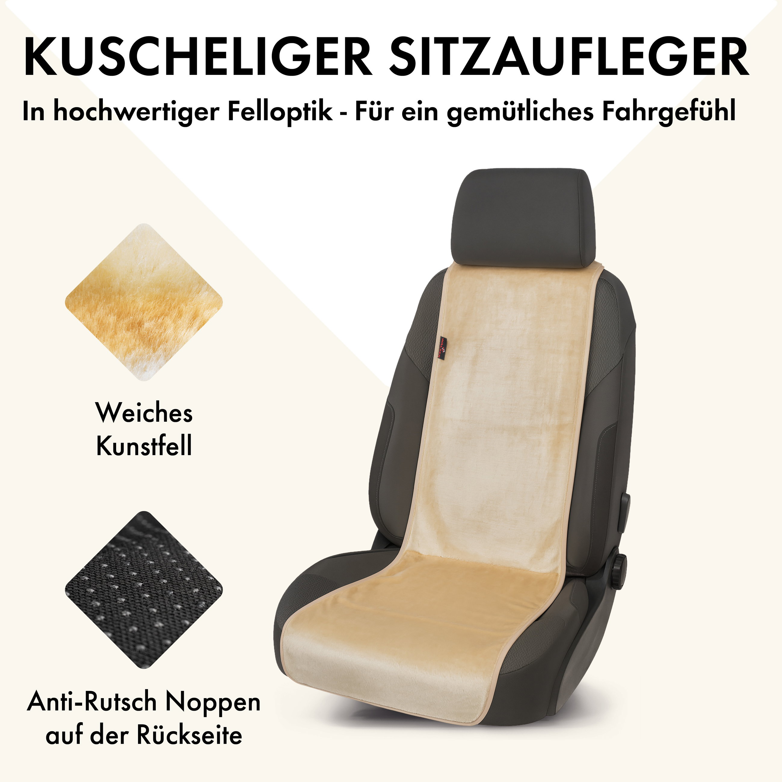 Auto Sitzauflage Teddy, Kunstfell PKW Sitzschoner für Einzelsitz, Kunstfellbezug beige, 1 Stück