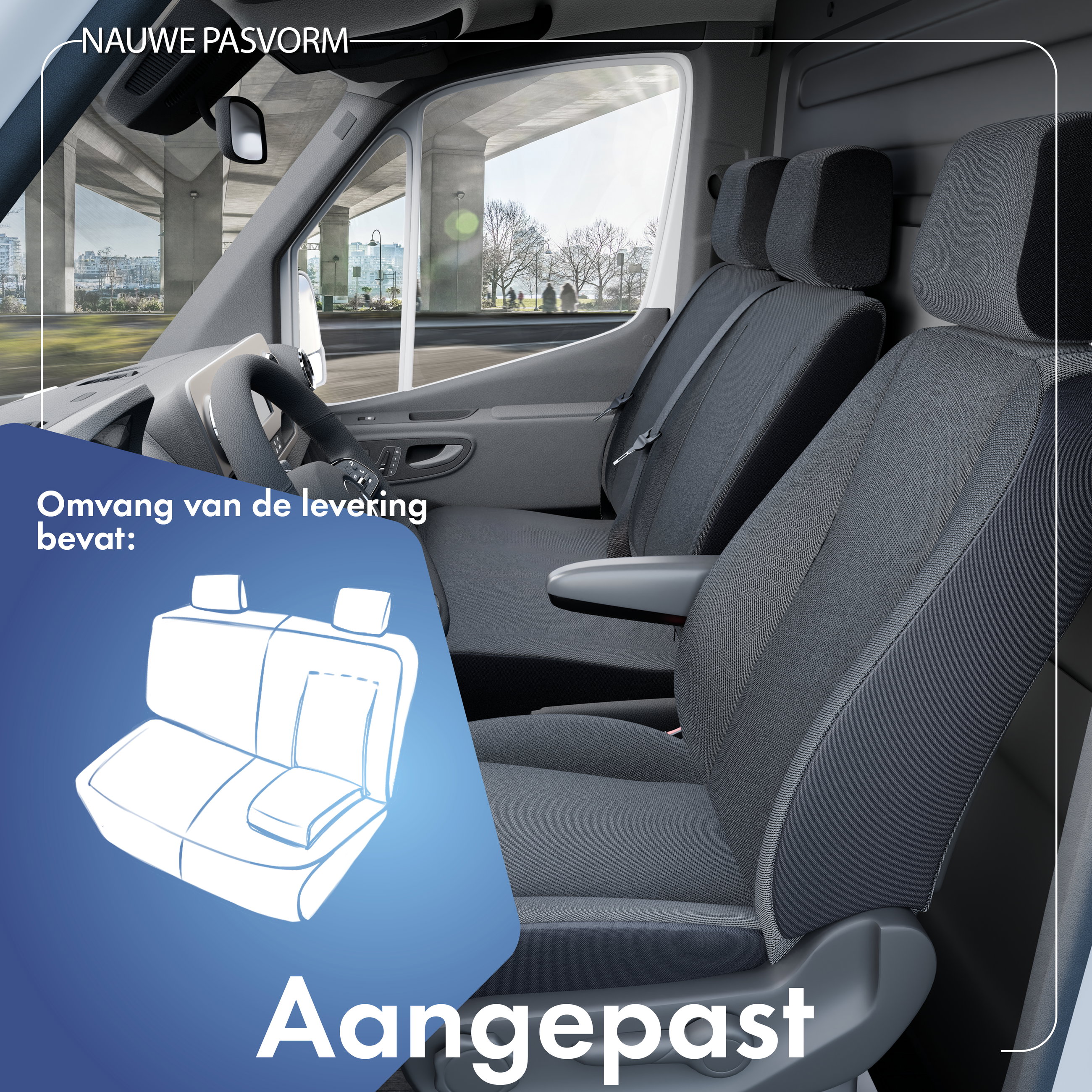 Autostoelhoes Transporter Fit van stof antraciet geschikt voor Ford Transit, Deelbare dubbele bank vooraan (uitsparing voor tafel)