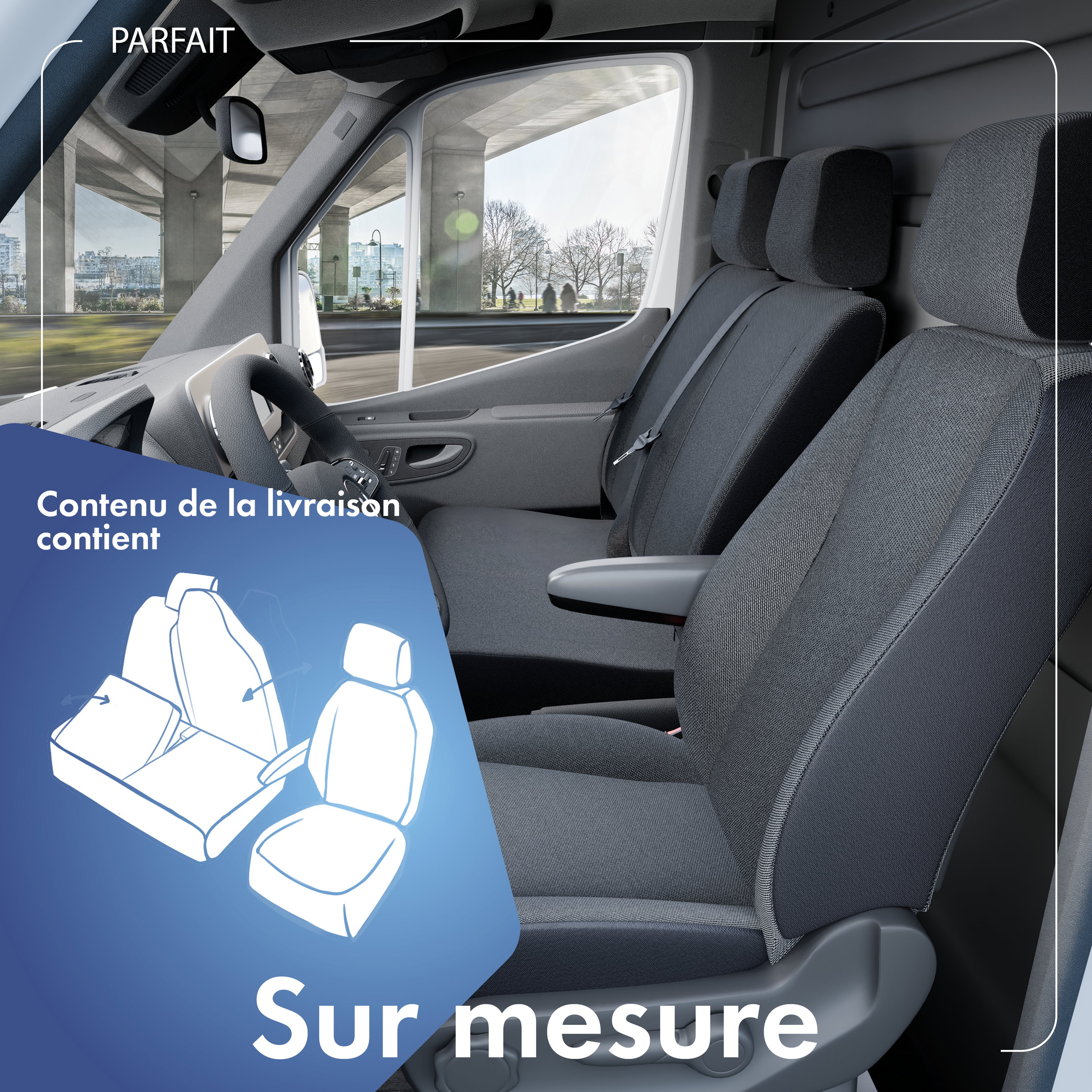 Housse de siège Transporter en tissu pour Opel Movano, Renault Master, Nissan Interstar, 1 siège individuel à l'avant (évidement accoudoir) & double siège à l'avant