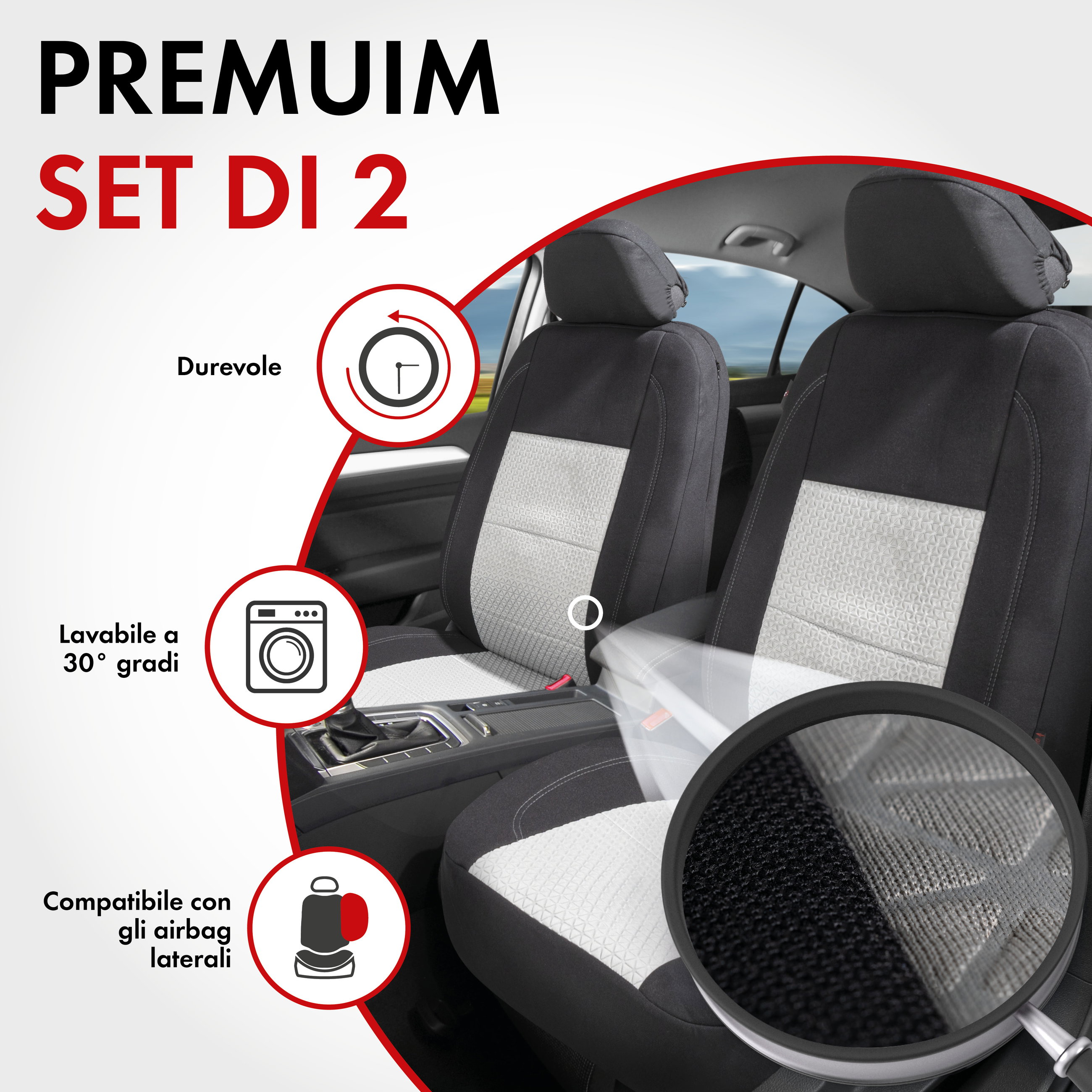 ZIPP IT Premium Coprisedili Avignon per due sedili anteriori con sistema di chiusura lampo nero/argento