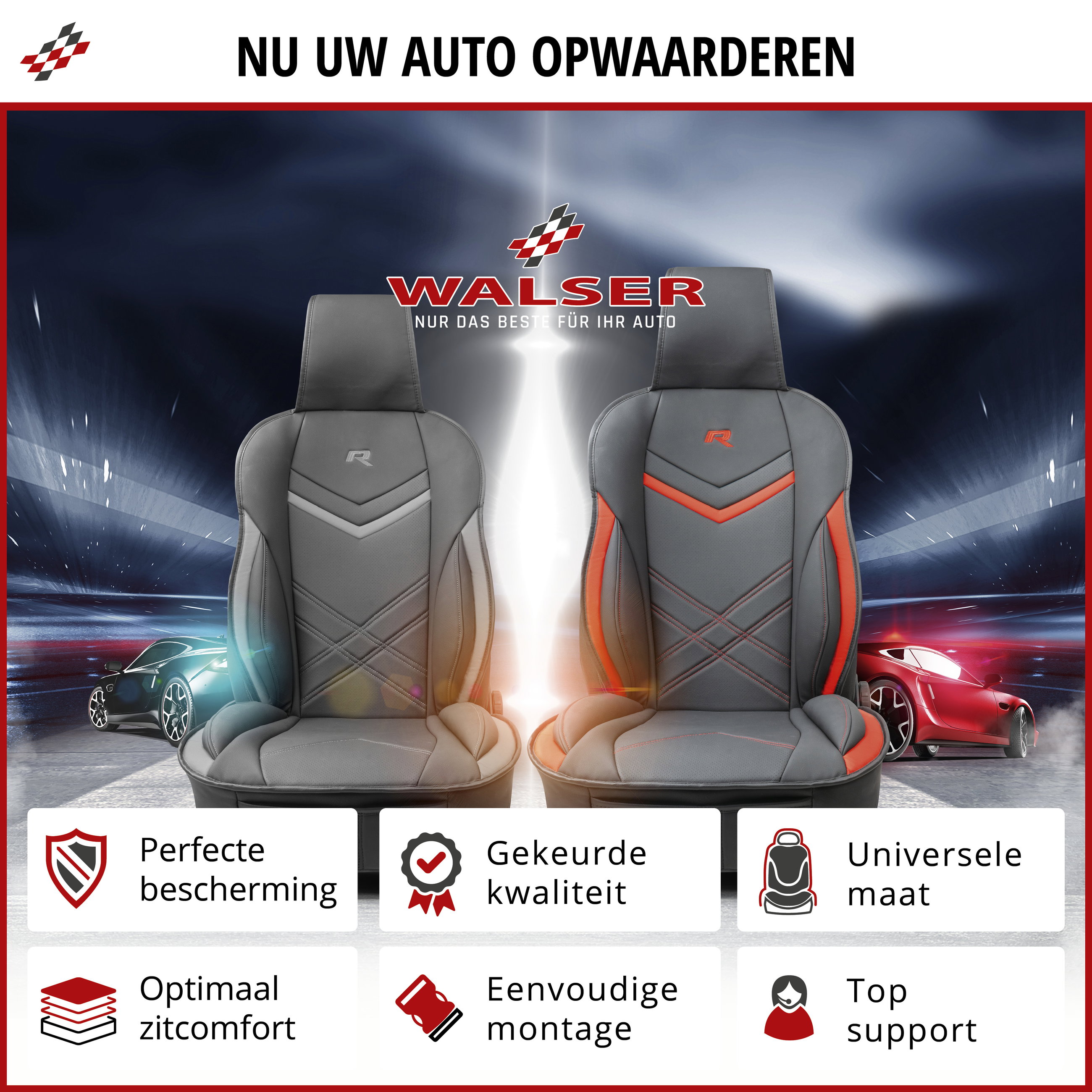 Autostoelhoes, universele stoelhoes en beschermmat in zwart-rood, stoelbeschermer voor auto's en vrachtwagens in racing look, 1 stuk