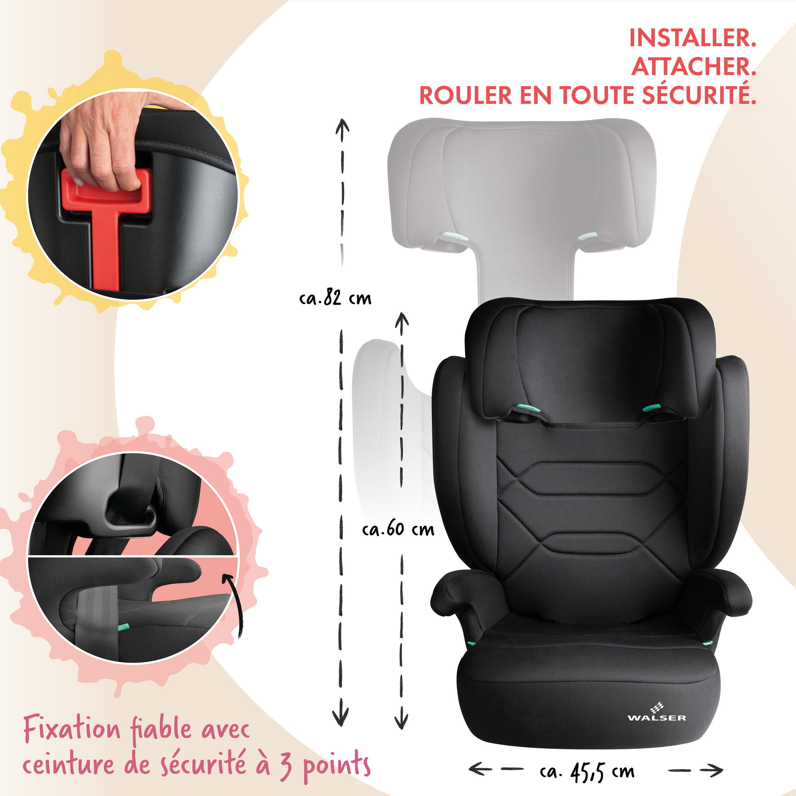 Siege auto enfant Numa avec rails ISOFIX, siege enfant confortable (3-8 ans) 100-150 cm, siege auto 2in1 avec dossier amovible et appui-tete reglable ECE R 129 certifie anthracite