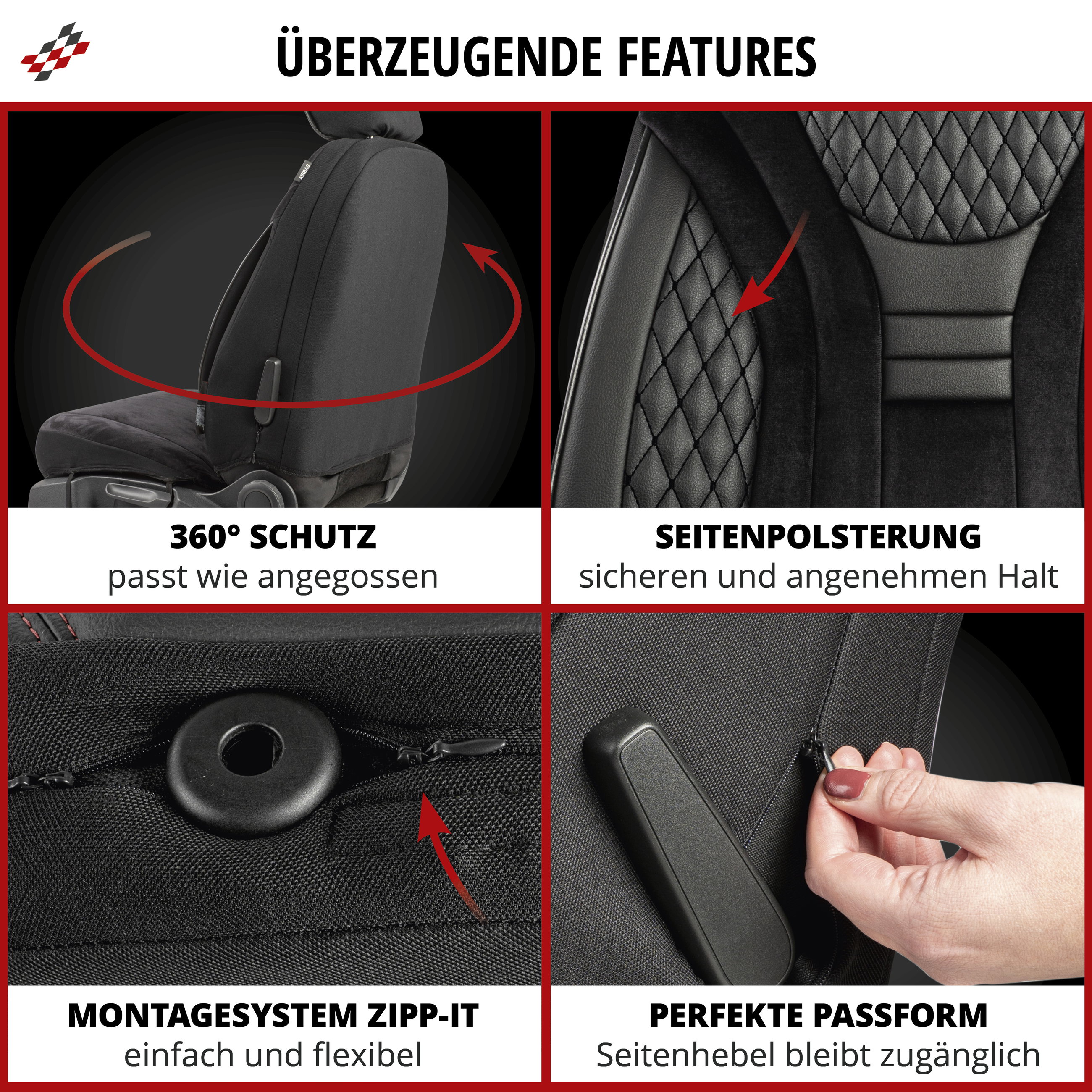 Autositzbezug ZIPP-IT Deluxe Balmoral, PKW-Schonbezüge für 2 Vordersitze mit Reißverschluss-System schwarz