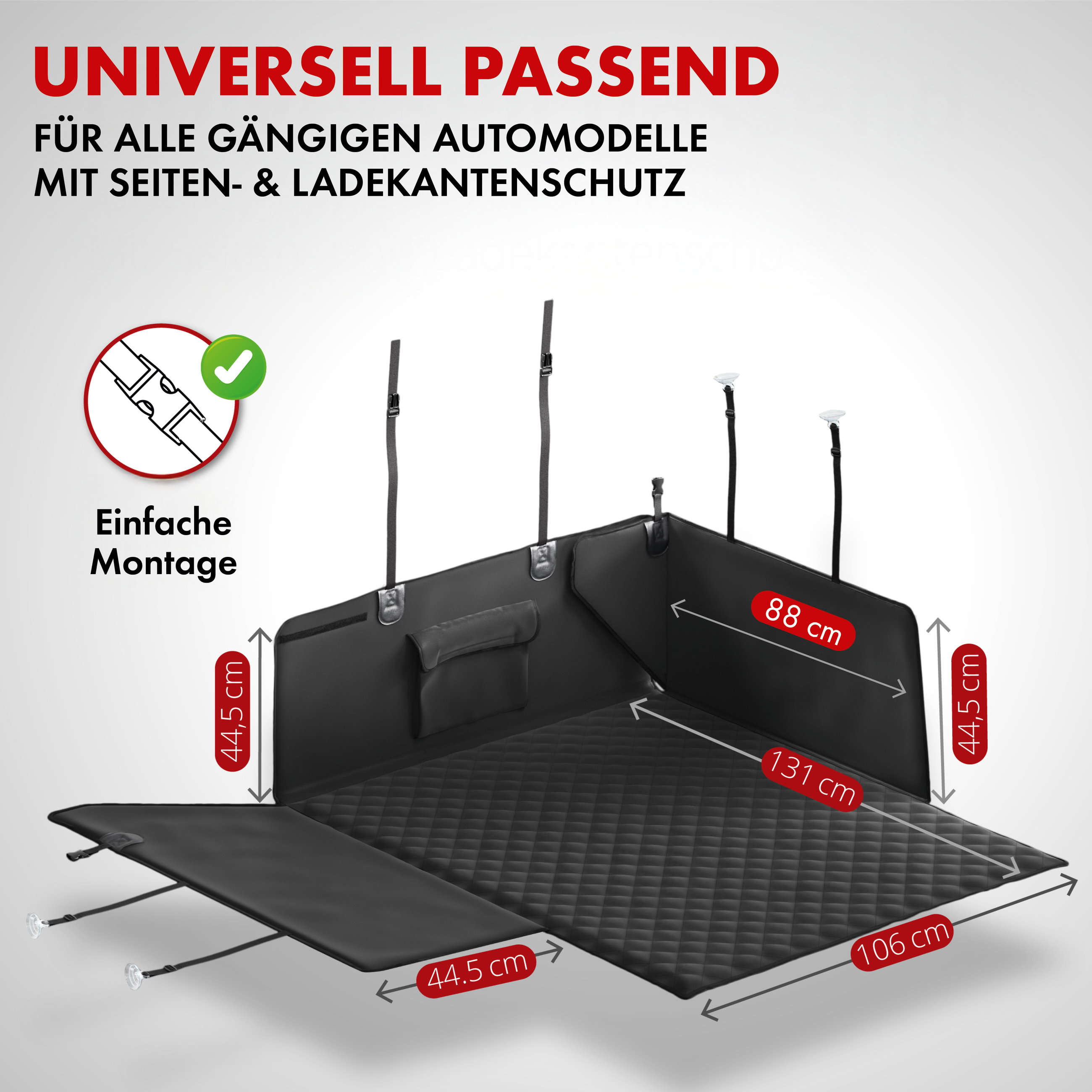 Kofferraumdecke Bello, Auto-Hundedecke, 3in1 Kofferraummatte mit Ladekantenschutz und Organizer schwarz