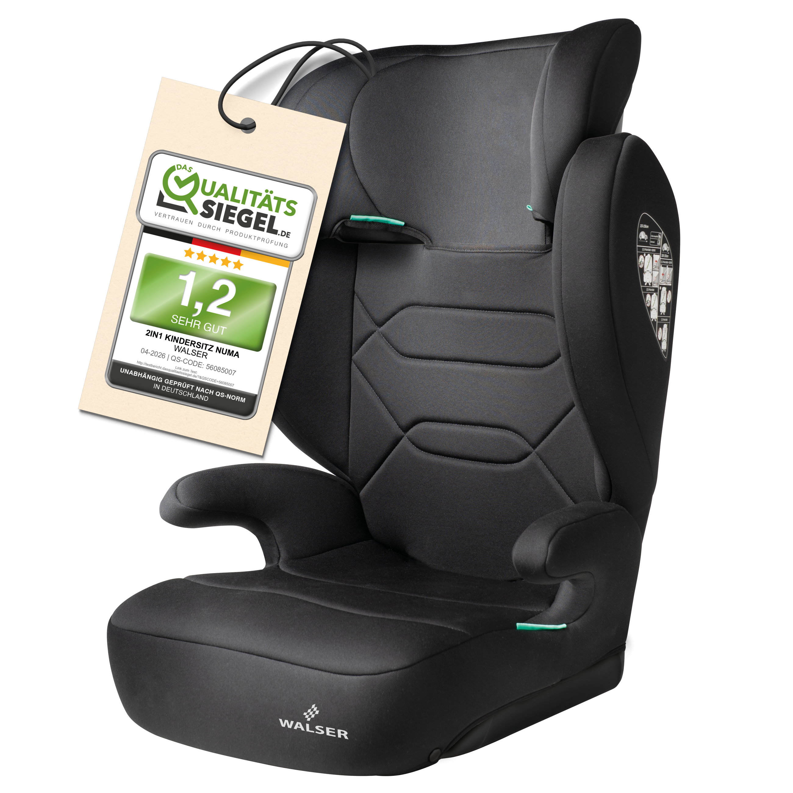 Kindersitz Auto Numa, bequemer Kindersitz (3-8 Jahre) 100-150 cm, 2in1 Auto Kindersitz mit abnehmbarer Rückenlehne und mitwachsender Kopfstütze ECE R 129 geprüft schwarz