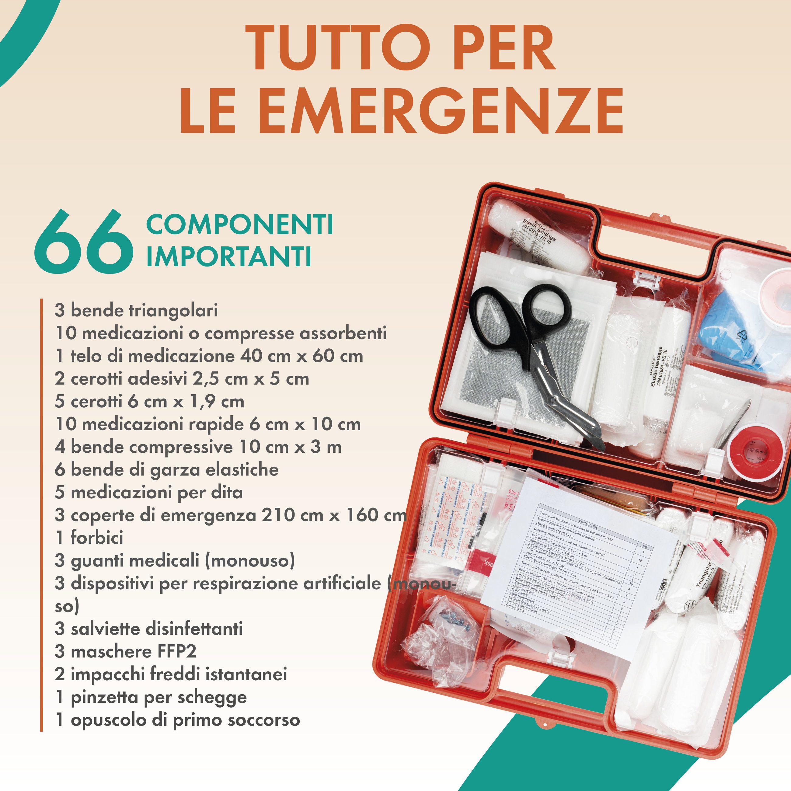 Kit di pronto soccorso secondo la norma austriaca Ö-Norm Z1020:2025, cassetta di pronto soccorso aziendale incl. supporto a parete, kit sanitario 66 pezzi, cassetta di pronto soccorso per aziende e cantieri, kit pronto soccorso per ufficio/casa