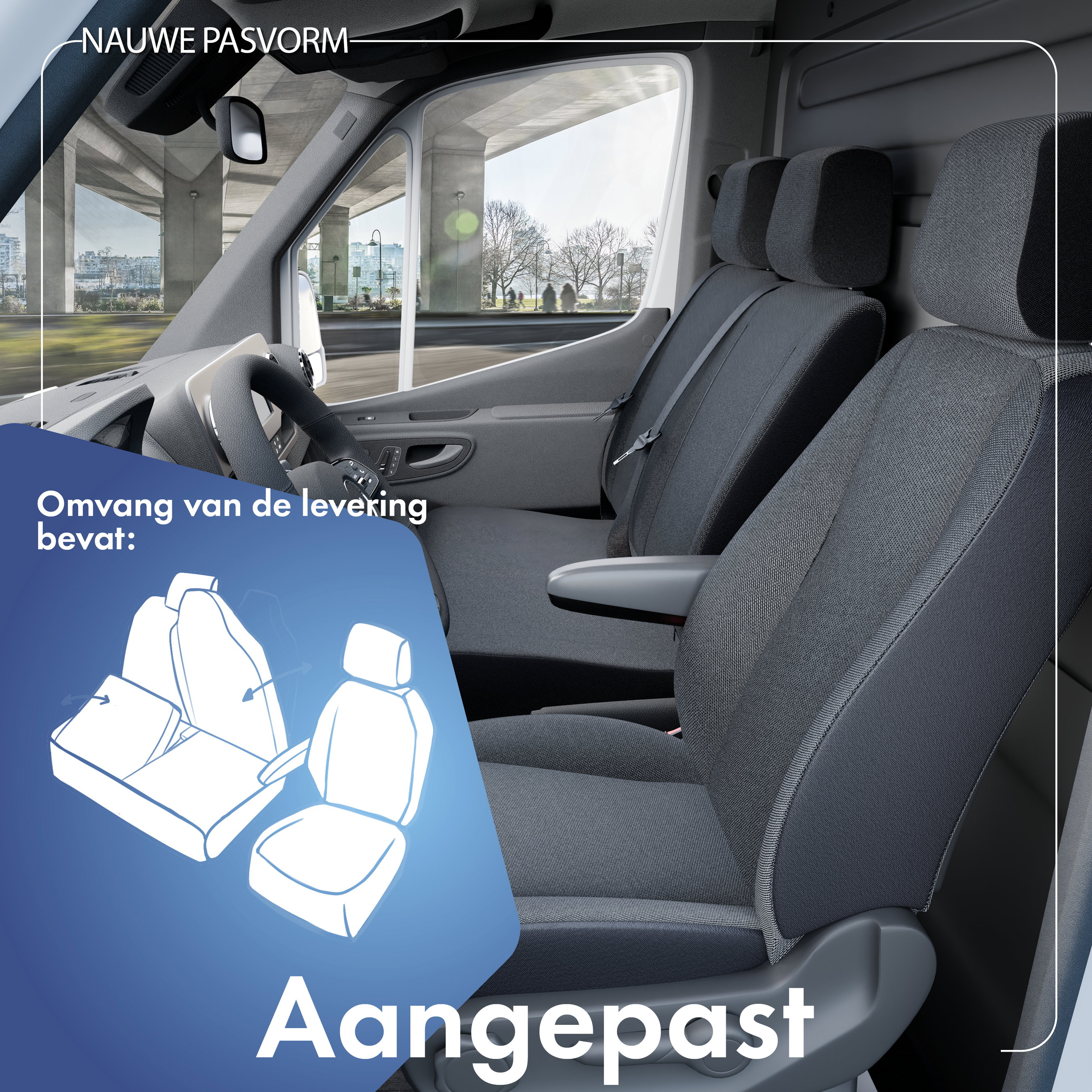 Autostoelhoes Transporter Fit van stof antraciet geschikt voor Opel Movano, Renault Master, Nissan NV400, 1 enkele zitplaats voorin (uitsparing armleuning) & dubbele zitplaats voorin